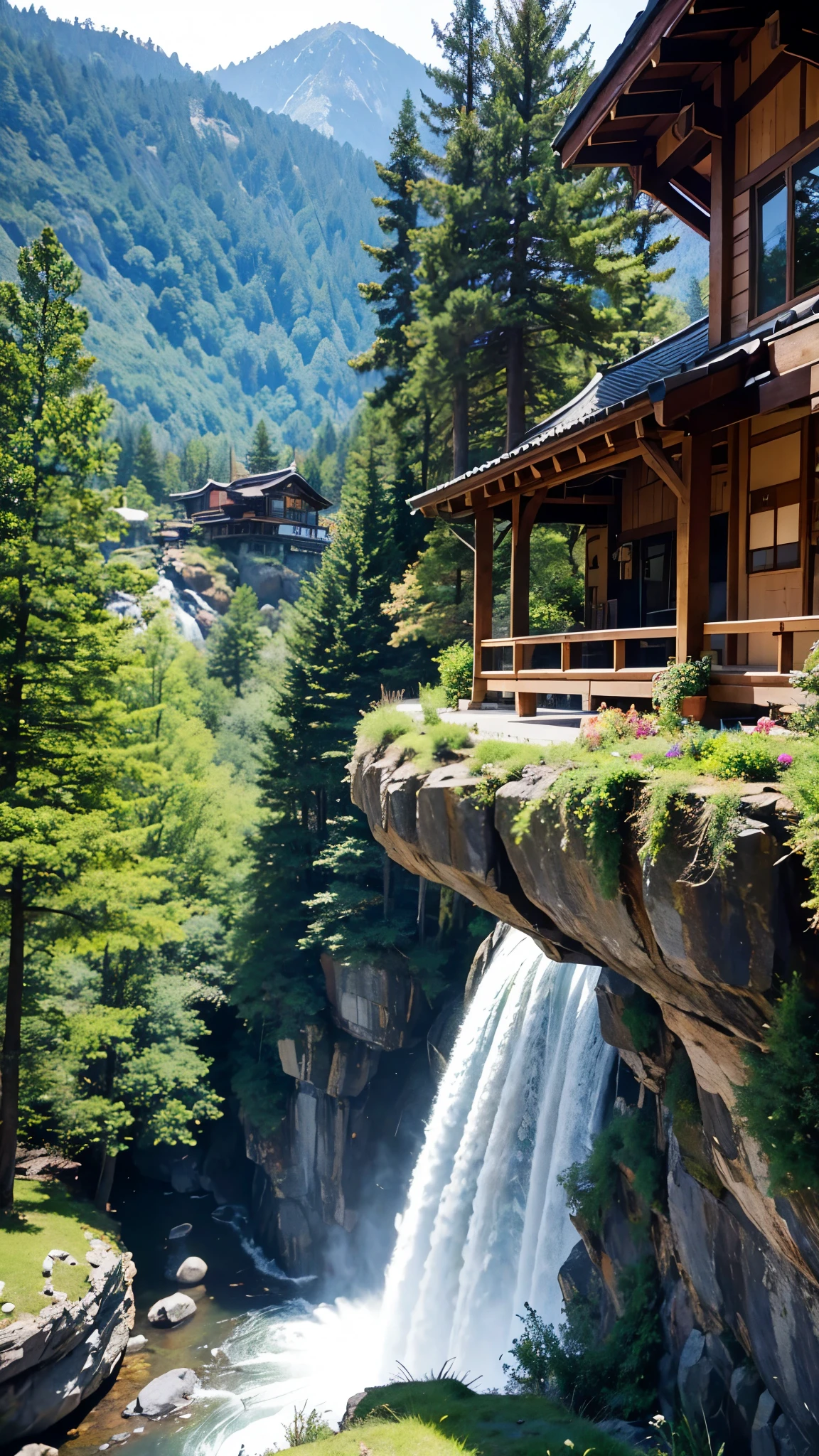 Beautiful images,A breathtaking picture of a waterfall cascading down a mountain range.、A quaint house built on a vertical cliff、A big inspiration for vertical wallpapers。This 4K and 8K masterpiece、The crystal clear water of the waterfall flows gracefully down the mountain.、Because it creates a dramatic and aesthetically pleasing scene、Showcasing the intricate details of scenic backgrounds。Fine lines and textures are rendered accurately.、It has a matte finish that accentuates the realistic and immersive feel。The house is decorated in warm colors.、Decorated with beautiful gardens and chimney smoke gently wafting the cool mountain air.、Blending seamlessly into the environment, Colorado's natural wonders