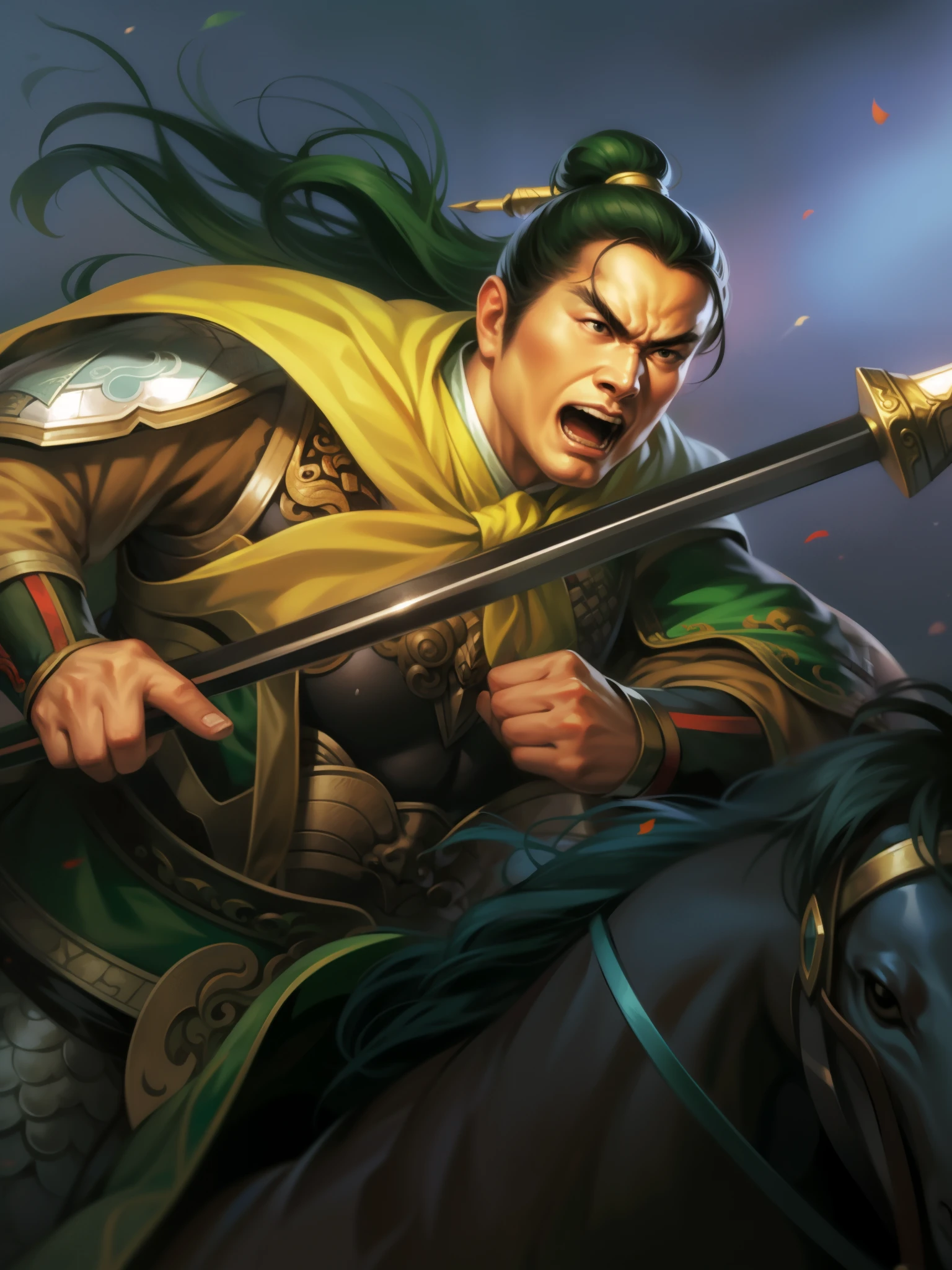 There is a man riding a horse,Sword in hand, guan yu, chinese warrior, zhao yun, inspired by Fan Kuan, feng shu, xianxia hero, bian lian, China Three Kingdoms, Inspired by Li Kan, Inspired by Hu Zaobin, hua cheng, inspired by Cao Zhibai, inspired by Guan Daosheng