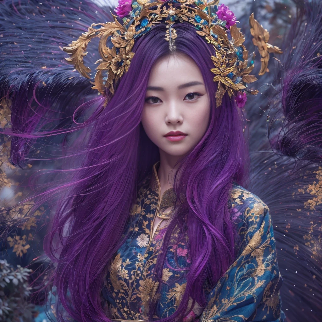 32K（tmasterpiece，k hd，hyper HD，32K）Long flowing bright purple hair，Autumn Pond，zydink， a color， Asian people （Silly girl）， （Silk scarf）， Combat posture， looking at the ground， long whitr hair， Floating bright purple， Fire cloud pattern gold skull headdress， Chinese long-sleeved gold silk garment， （abstract ink splash：1.2）， white backgrounid，Lotus protector（realisticlying：1.4），Bright purple hair，Smoke on the road，The background is pure，Side squats， A high resolution， the detail， RAW photogr， Sharp Re， Nikon D850 Film Stock Photo by Jefferies Lee 4 Kodak Portra 400 Camera F1.6 shots, Rich colors, ultra-realistic vivid textures, Dramatic lighting, Unreal Engine Art Station Trend, cinestir 800，Long flowing bright purple hair