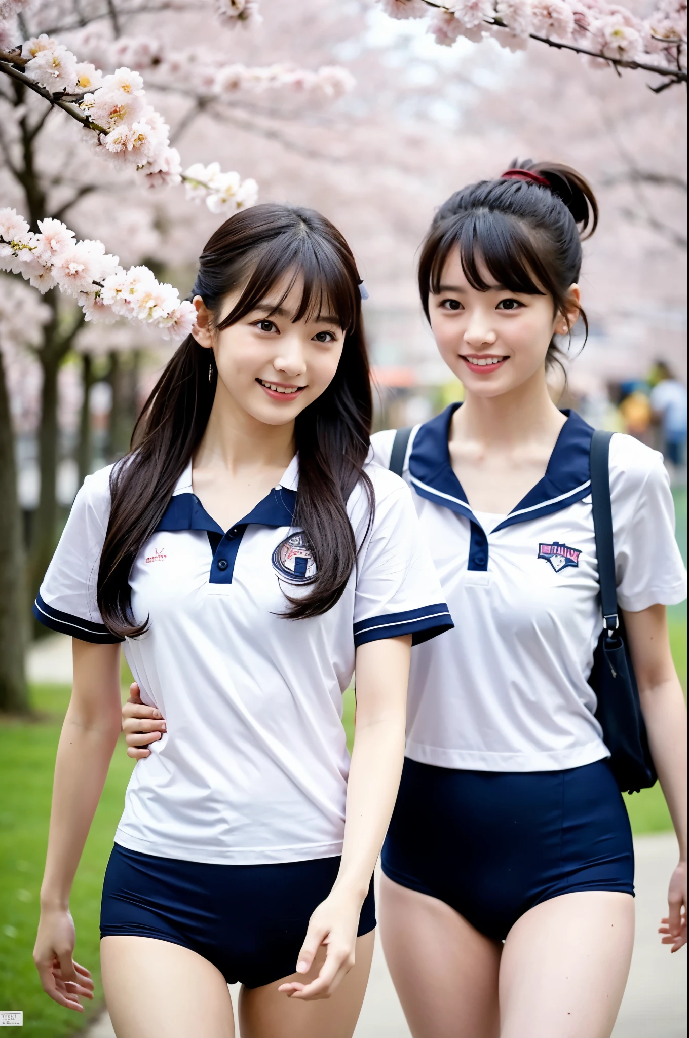 2 girls standing in cherry blossom street,white plain school gym shirt with navy blue trim,navy blue speedo briefs,18-year-old,bangs,a little smile,thighs,knees, straight hair with barrette,from below,front-lighting