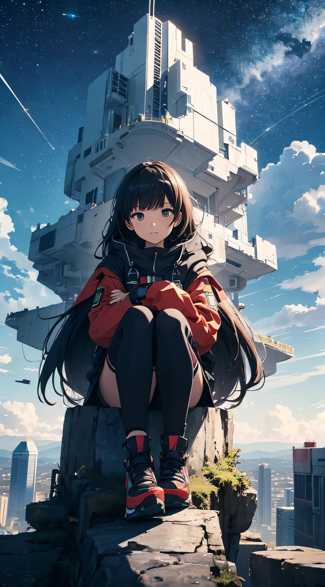 octans, sky, star (sky), scenery, starry sky, night, 1girl, night sky, solo, outdoors, building, cloud, milky way, sitting, tree, long hair, city, silhouette, cityscape