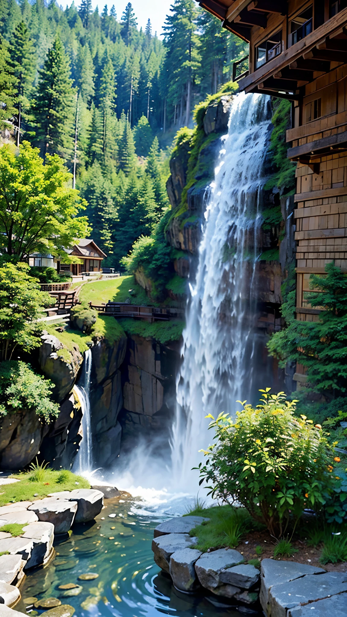 Beautiful images，A breathtaking picture of a waterfall cascading down a mountain range.、A quaint house built on a vertical cliff、A big inspiration for vertical wallpapers。This 4K and 8K masterpiece、The crystal clear water of the waterfall flows gracefully down the mountain.、Because it creates a dramatic and aesthetically pleasing scene、Showcasing the intricate details of scenic backgrounds。Fine lines and textures are rendered accurately.、It has a matte finish that accentuates the realistic and immersive feel。The house is decorated in warm colors.、Decorated with beautiful gardens and chimney smoke gently wafting the cool mountain air.、Blending seamlessly into the environment, Colorado&#39;s natural wonders