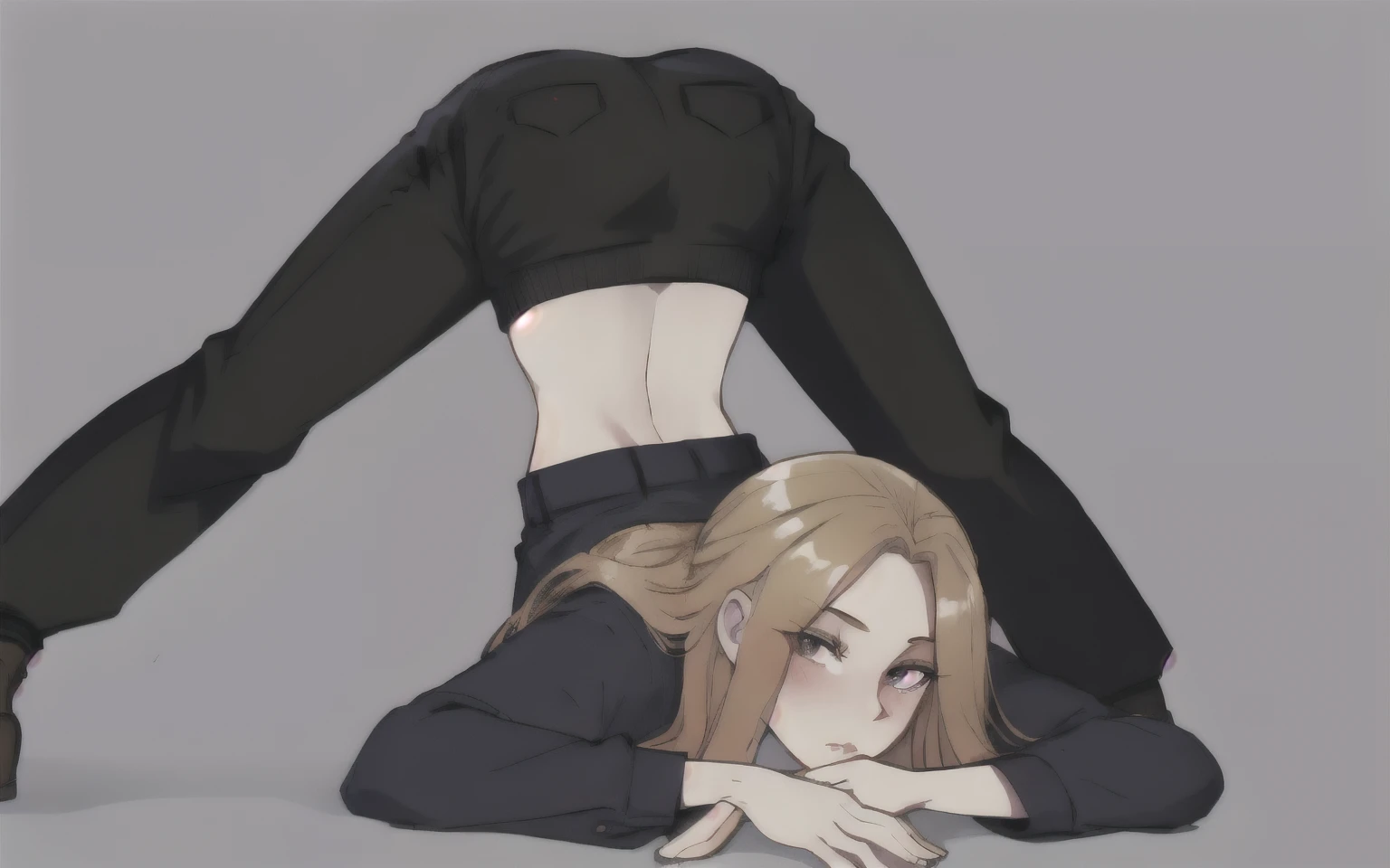 Girl with long blonde hair, top to bottom bottom to top,  jack o pose,  and trousers