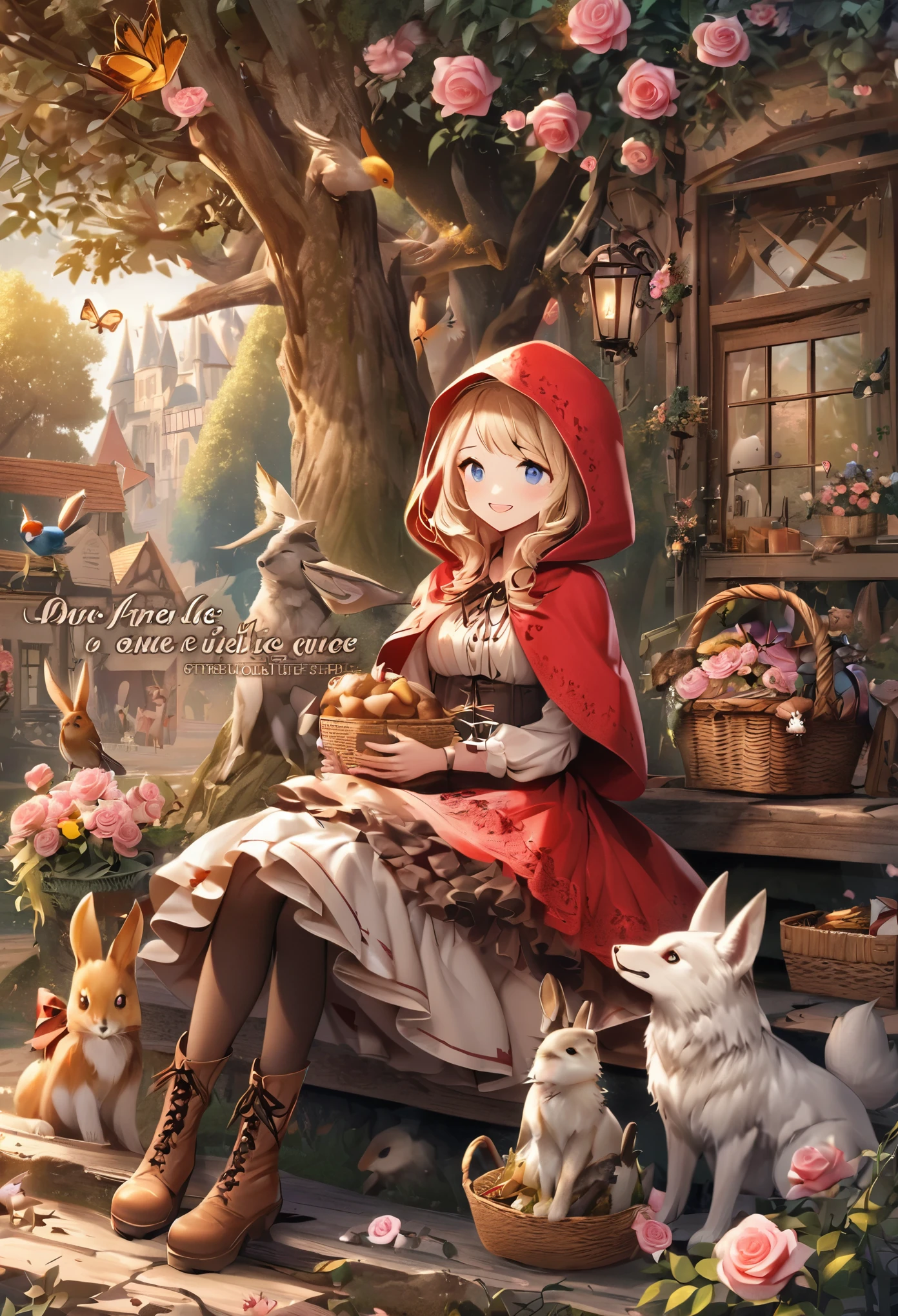 little red riding hood \(grimm\), flower, blonde hair, boots, blue eyes, butterfly, rose, rabbit, bug, pantyhose, pink rose, bird, long hair, sitting, french text, hood, english text, basket, wolf, multiple girls, tree, 1girl, smile, dress, food, pink flower, colors