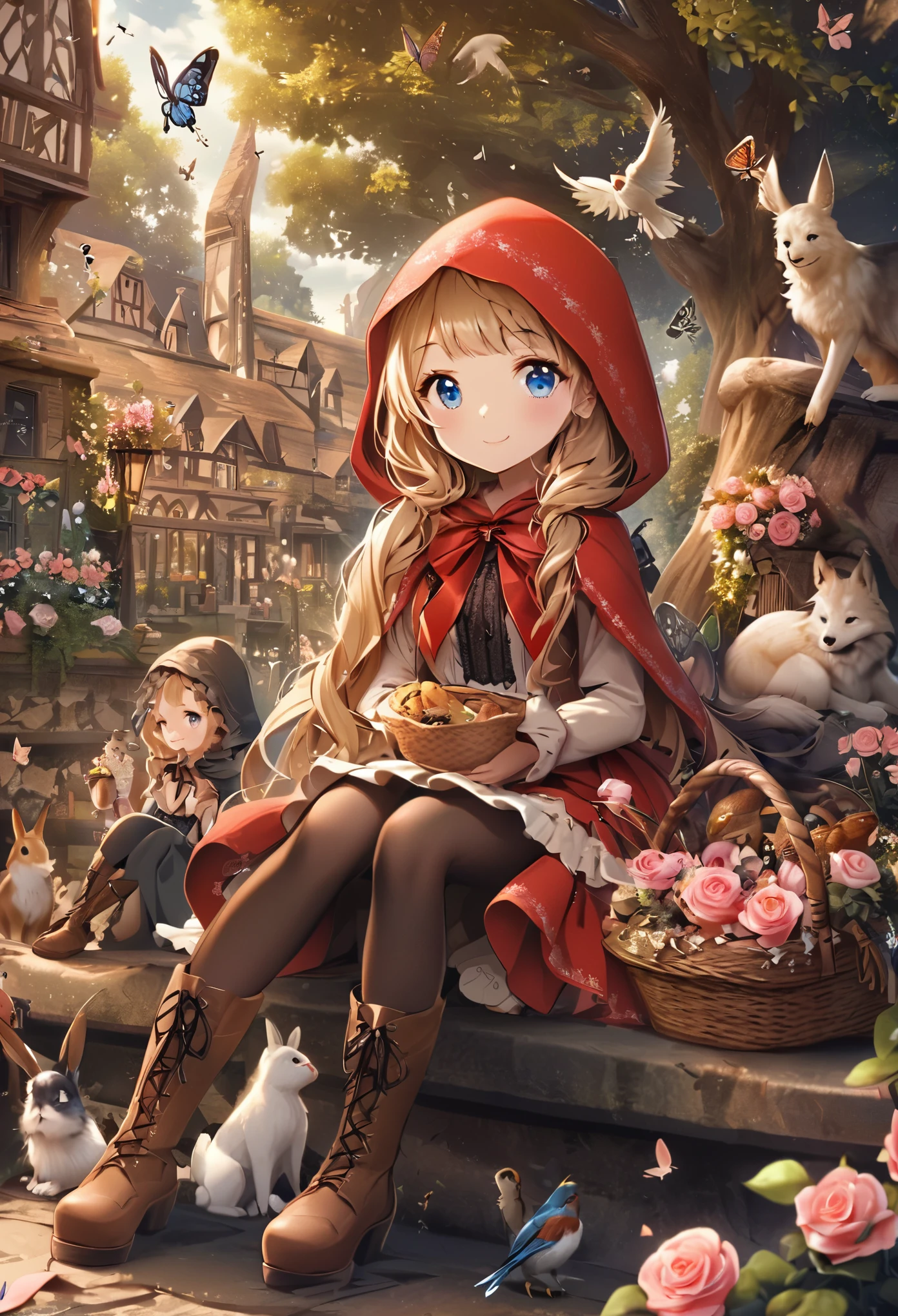 little red riding hood \(grimm\), flower, blonde hair, boots, blue eyes, butterfly, rose, rabbit, bug, pantyhose, pink rose, bird, long hair, sitting, french text, hood, english text, basket, wolf, multiple girls, tree, 1girl, smile, dress, food, pink flower, colors