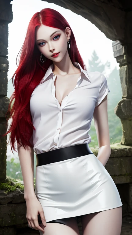 Ultra realistic, 16k, best quality, high resolution, 1 girl, ************, long red hair, sexy eyes look, pale white skin, flushed cheeks, earrings, transparent shirt, sexy black latex skirt, medium detailed hot breasts, slender tall hot body, sexy smile, sensual posture, full-length sexy pantyhose, Battle ruins, wide hips, thick legs, torn clothes, blurred background, depth, dream aesthetic, dream atmosphere, cinematic lighting.