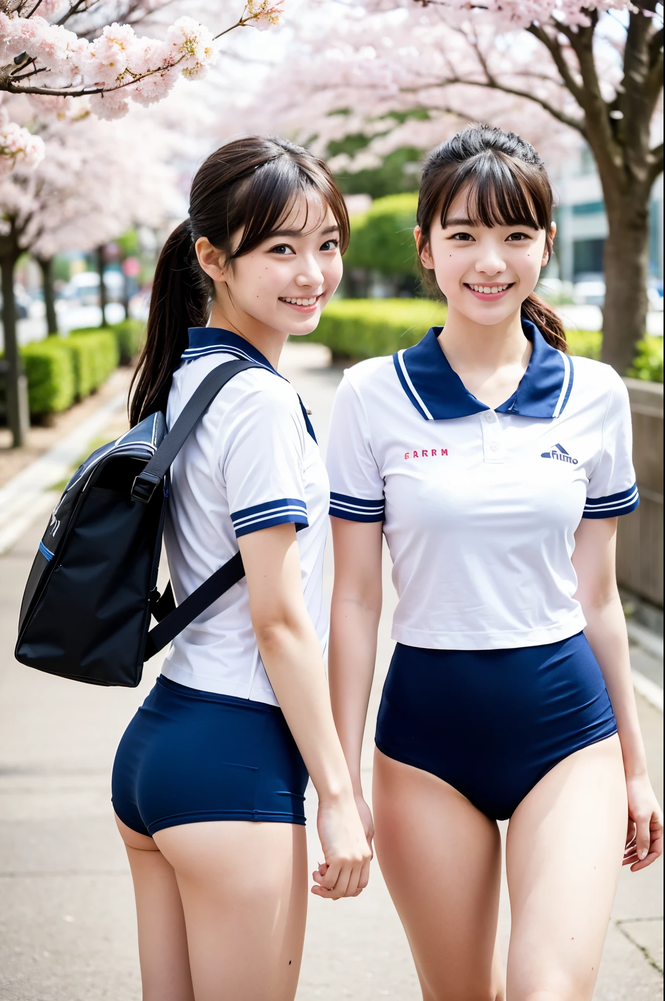 2 girls walking in Japanese cherry blossom street,white plain t-shirt with navy blue trim over navy blue school swimsuit,swim bag,18-year-old,bangs,a little smile,thighs,knees,low ponytail with barrette,from below,front light