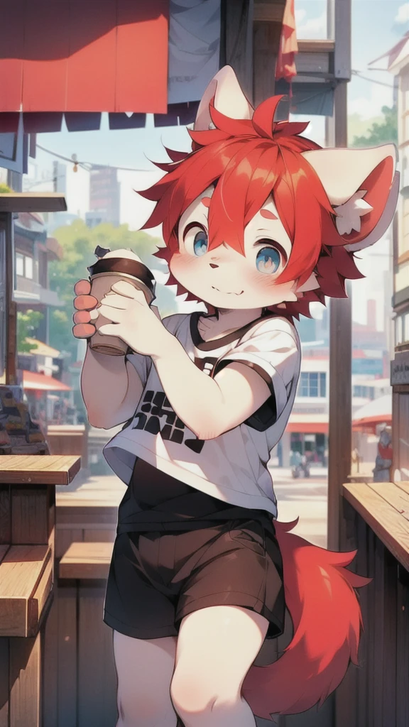 (white fur， Fine fur， blue eyes， red hair)， cute， stand， Masterpiece， High resolution， 8k， Detailed background， High quality， lustful boy，man，（By Dagasi： 1.1）， single，T-shirts with slogans emblazoned on them，cafe，smile