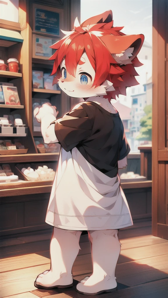 (white fur， Fine fur， blue eyes， red hair)， cute， stand， Masterpiece， High resolution， 8k， Detailed background， High quality， lustful boy，man，（By Dagasi： 1.1）， single，T-shirts with slogans emblazoned on them，cafe，smile
