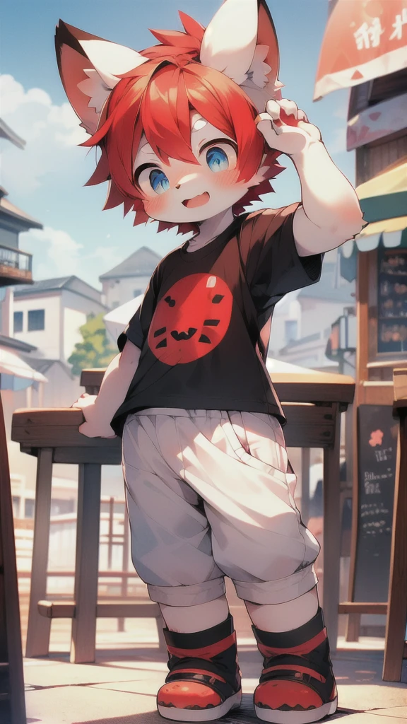 (white fur, Fine fur, blue eyes, red hair), cute, stand, Masterpiece, High resolution, 8k, Detailed background, High quality, lustful boy,man,(By Dagasi: 1.1), single,T-shirts with slogans emblazoned on them,cafe,smile