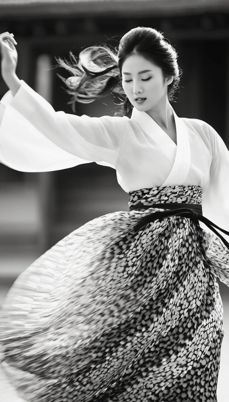 in style of Street photography, beautiful detailed,Motion blur, black and white close up, white background, a woman in an intricate and colorful hanbok dress, spinning frantically, translucent stinging air particles on the hem of the dress, professional fashion photography, super macro, unusually rich and super detailed texture of long wavy hair, poster style, minimalist , tilt shift of hands and face, Nikon, Hasselblad, Canon, Fuji, 16K