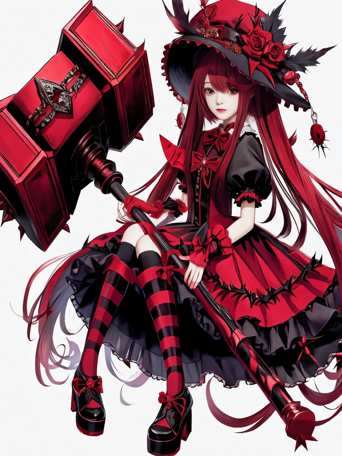 Anime girl with red hat and red-black dress Holding a giant red hammer with thorns 