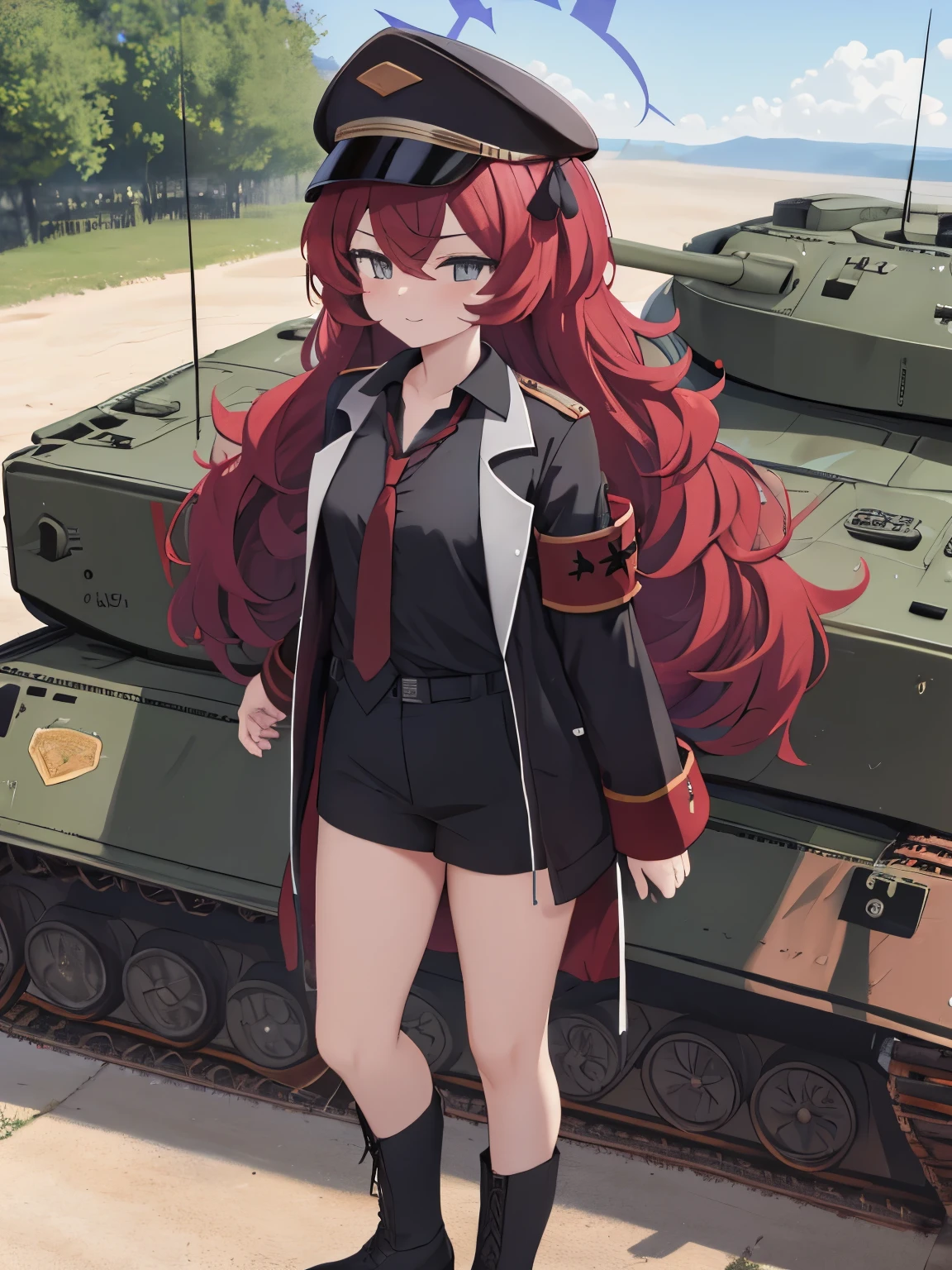 Masterpiece, hd, best quality, irohadef, red hair, long hair, halo, military uniform, military hat, black jacket, necktie, standing, outdoor, tank, standing in front of military vehicle, (tank:1.2)