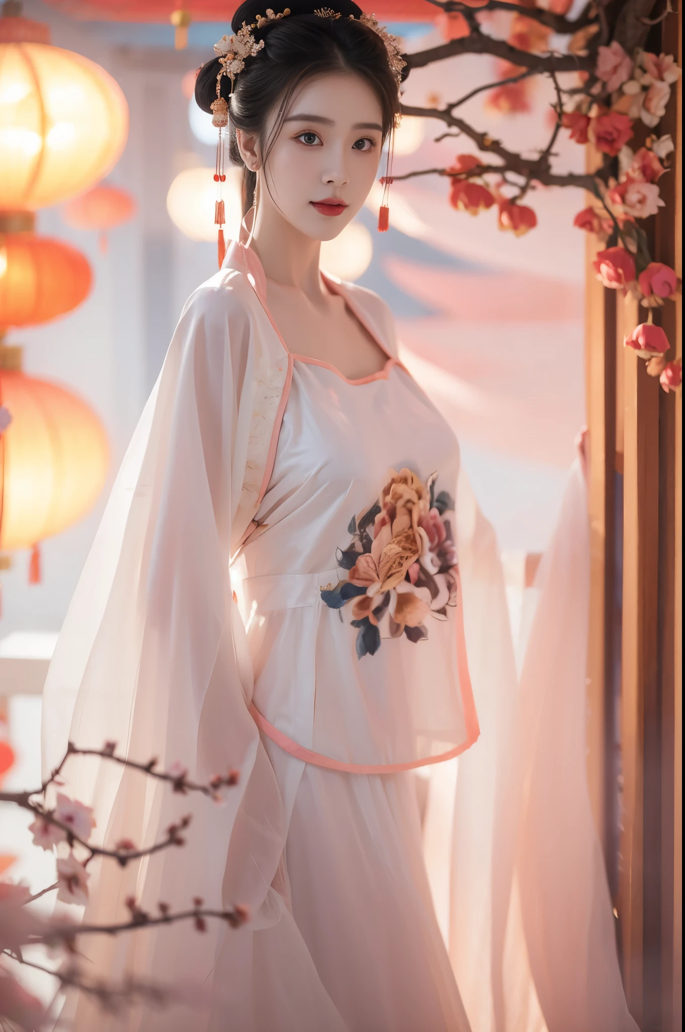 1 girl，(best quality, masterpiece:1.2), Super detailed，Solo selfie，off shoulder dress,Chinese Princess, (Pink belly pocket） ( Hanfu：1.3, )，Vision，Background Bokeh