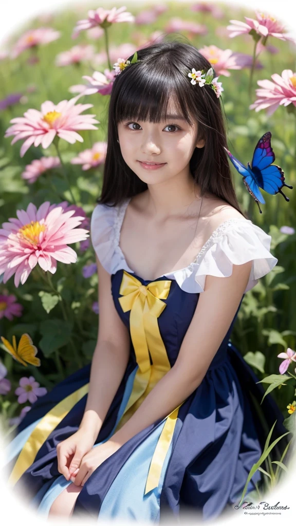 Beautiful girl in a fairy costume, surrounded by flowers and butterflies. content: Watercolor. style: Whimsical and delicate, Like an illustration in a children's book.