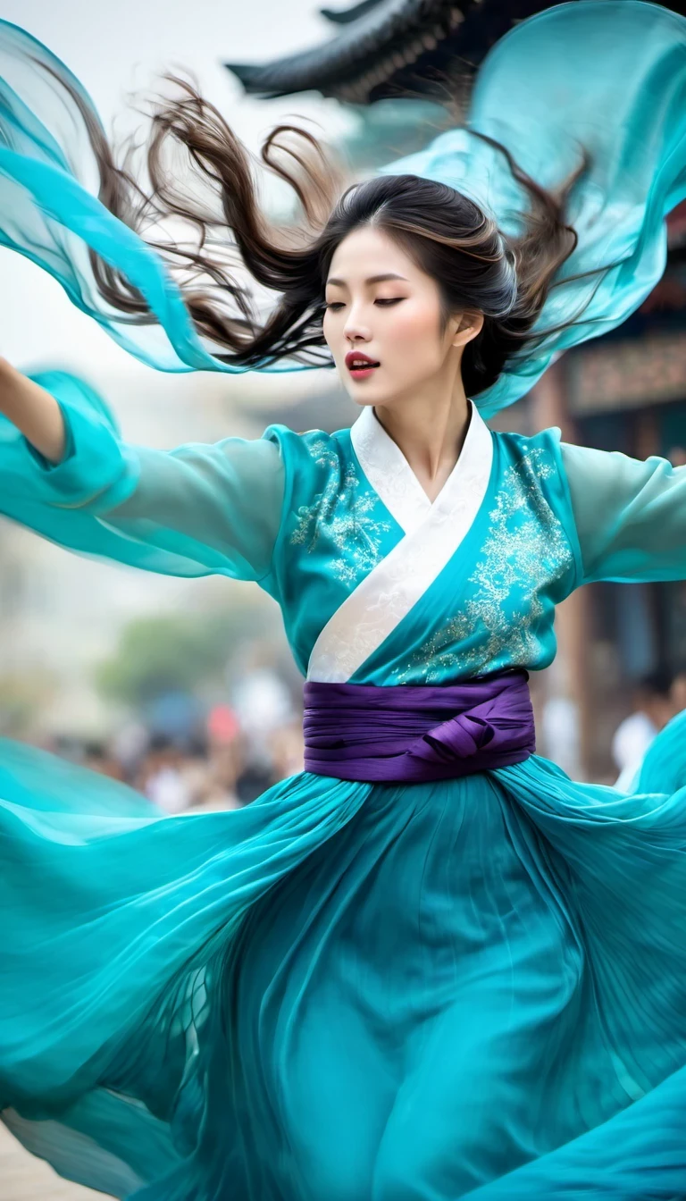 in style of Street photography, beautiful detailed,Abnormally stunning beautiful face,Motion blur, black and white close up, white background, a woman in an intricate and colorful hanbok dress, spinning frantically, translucent stinging air particles on the hem of the dress, professional fashion photography, super macro, unusually rich and super detailed texture of long wavy hair, poster style, minimalist , tilt shiStreet style, beautifully detailed, motion blur, black and white close-up, blue background, a woman in an intricate and colorful hanbok, spinning frantically, translucent tingling air particles on the hem of her dress, professional fashion photography, super macro, long wavy hair with unusually rich and super-detailed textures, poster style, minimalist, tilted movement of hands and face, Nikon, Hasselblad, Canon, Fuji, 16Kft of hands and face, Nikon, Hasselblad, Canon, Fuji, 16K