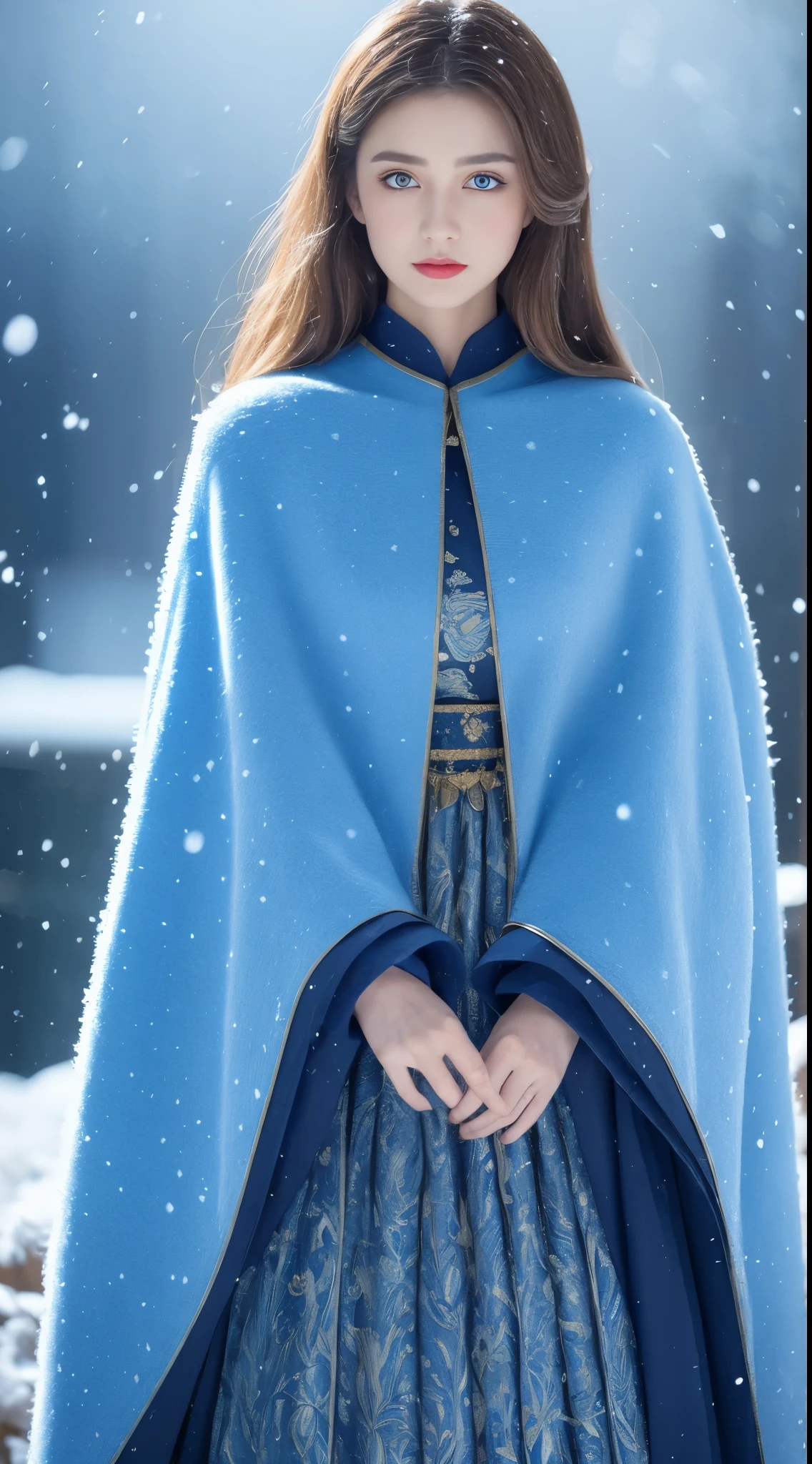 (Best quality, 8K, 32K), (High intaglio printing model),Photorealistic, high resolution, 1 Japan Women, Solo, (Lolita costume),Gorgeous costumes,Face the audience,(The upper part of the body,upper legs), beautidful eyes, Brown hair, ringed eyes, (outside,Heavy snowfall,Thick fur cape,Cover with snow),snowfield,Blue eyes,Illustrations of the highest quality,A meticulous face