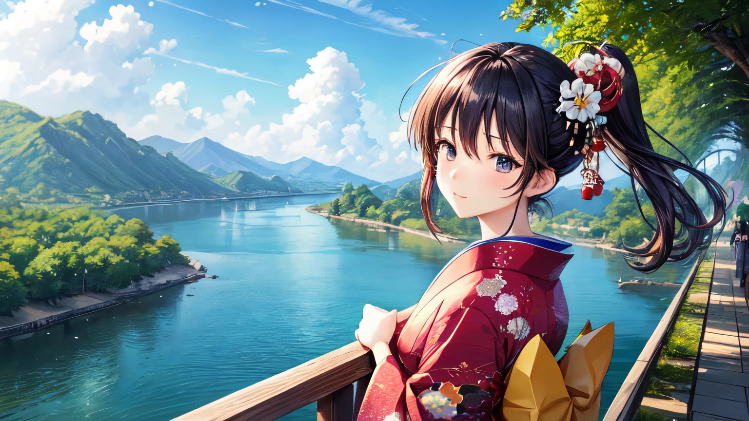 A beautiful woman in a Japanese kimono is looking at the scenery by the river。The wind is blowing。
for anime
