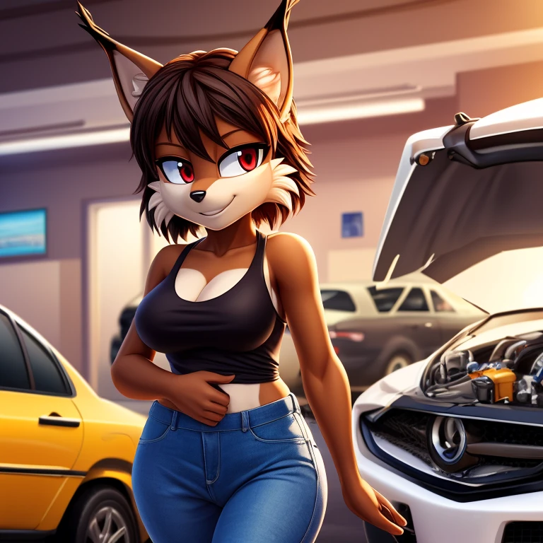 ((masterpiece)), studio quality, highly detailed, extreme detailed, high quality, max detailed, anime, masterpiece, soft lighting, very detailed, detailed background, HD, intricate details, highlights, detailed shadows, anime, mobian, 1girl, lynx, attractive, gorgeous body, medium breast, dark skin, red eyes, brown medium hair, red tank top, jeans, car repair shop, smile,