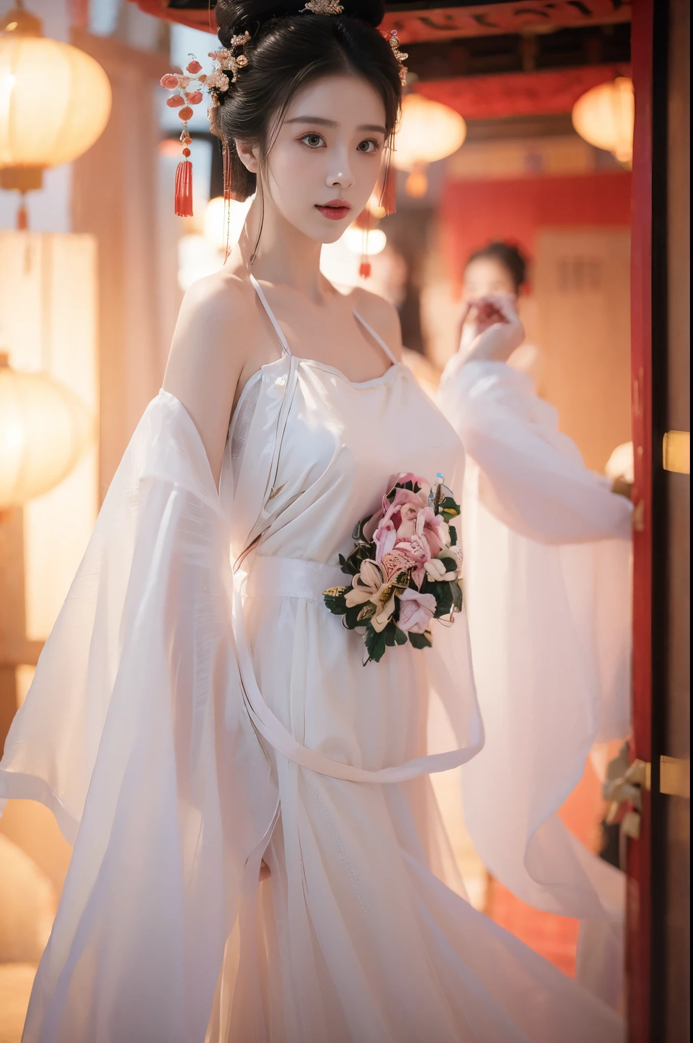 1 girl，(best quality, masterpiece:1.2), Super detailed，Solo selfie，off shoulder dress,Chinese Princess, (Pink belly pocket） ( Hanfu：1.3, )，Vision，Background Bokeh