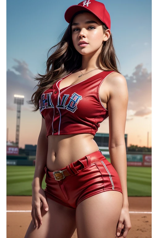 a gorgeous Hailee Steinfeld, age 25, wavy hair in the wind. she's a men magazine model, She has a subtle smile and flirts with the camera, (she wears baseball uniform with baseball cap:1.2), (she is a pitcher standing on the pitchers mound:1.3), background baseball stadium, large crowd, sundown lighting, perfect eyes, perfect hands, perfect body, perfect hair, perfect breasts, large breasts, hair behind ear, UHD, retina, masterpiece, accurate, anatomically correct, textured skin, super detail, high details, high quality, award winning, best quality, highres, 16k, 8k, (full bodyshot:1.1), (full length photo),