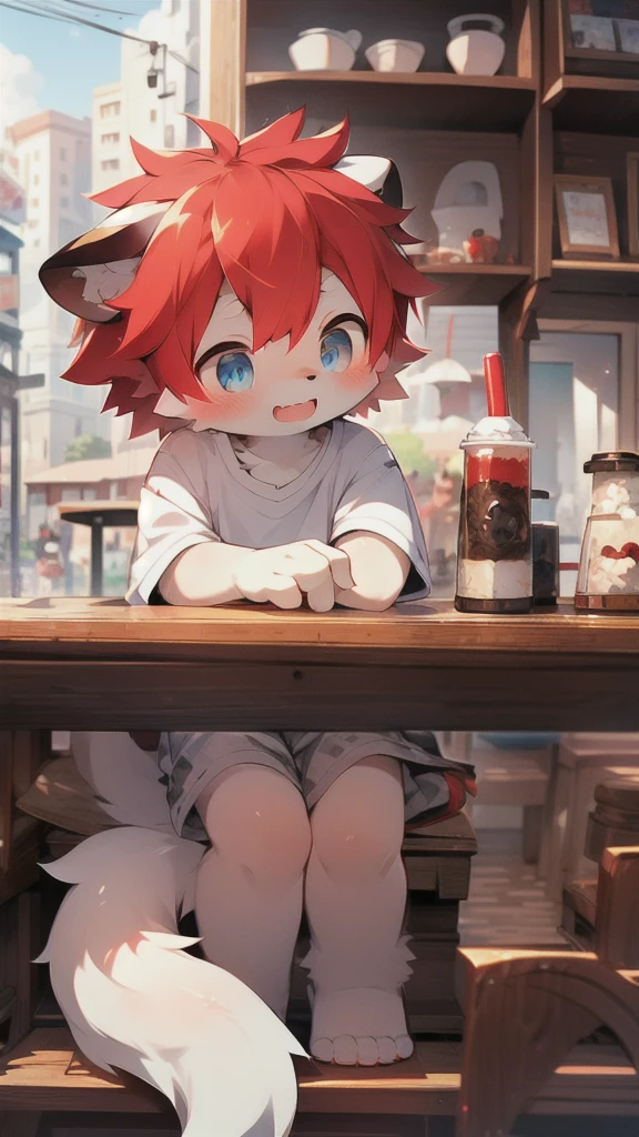 (white fur， Fine fur， blue eyes，white tail,   red hair)， cute， stand， Masterpiece， High resolution， 8k， Detailed background， High quality， lustful boy，man，（By Dagasi： 1.1）， single，T-shirts with slogans emblazoned on them，cafe，smile