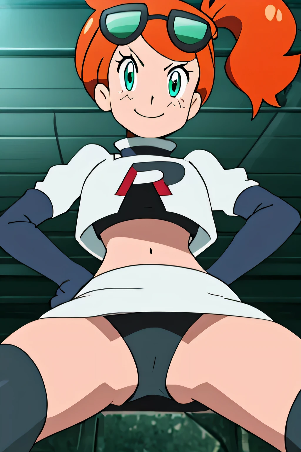 8k, masterpiece,highres, team rocket uniform, red letter r, white skirt,white crop top,black thigh-high boots, black elbow gloves, evil smile, looking down at viewer, hands on hips, cowboy shot, zettai ryouiki,spread legs,from below, black panties,anime style, vivid colors, sharp focus, intense lighting,sonia,side ponytail,orange hair, heart hair ornaments, aqua eyes, eyewear on head
