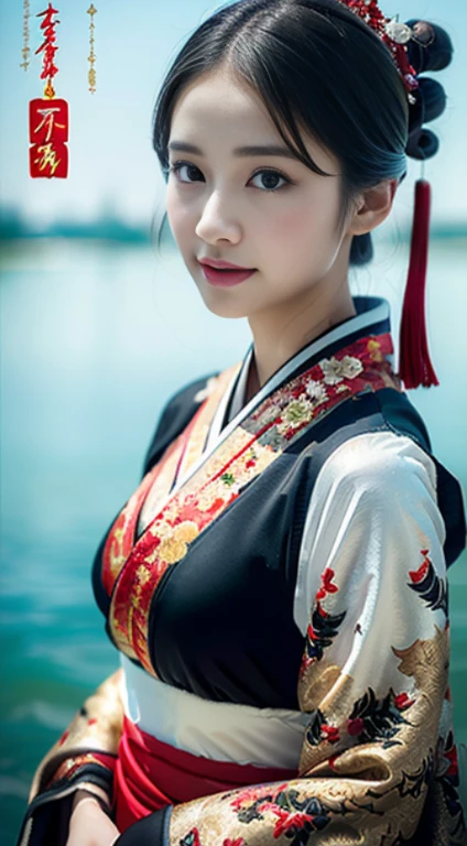 (Divine Beast), Nine-Tailed Fox, Dynamic Body Type, (Chinese Monster), good looking, splashed Ink, Chinese, One girl, ((whole body), ((2.5D)), floating hair, Beautiful Eyes, Delicate eyes, Delicate silhouette, Fantasy art, (Antique black and red brocade hanfu), viewing angle, (masterpiece), Front shot, Landscape Portrait, White Background, (Movie Posters), sharp, splash, cloud, petal, nullの, null, (Wide-angle lens), Vista