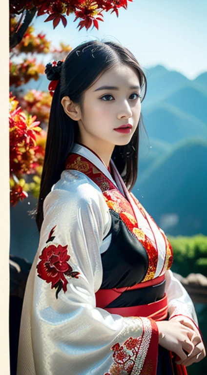 (Divine Beast), Nine-Tailed Fox, Dynamic Body Type, (Chinese Monster), good looking, splashed Ink, Chinese, One girl, ((whole body), ((2.5D)), floating hair, Beautiful Eyes, Delicate eyes, Delicate silhouette, Fantasy art, (Antique black and red brocade hanfu), viewing angle, (masterpiece), Front shot, Landscape Portrait, White Background, (Movie Posters), sharp, splash, cloud, petal, nullの, null, (Wide-angle lens), Vista