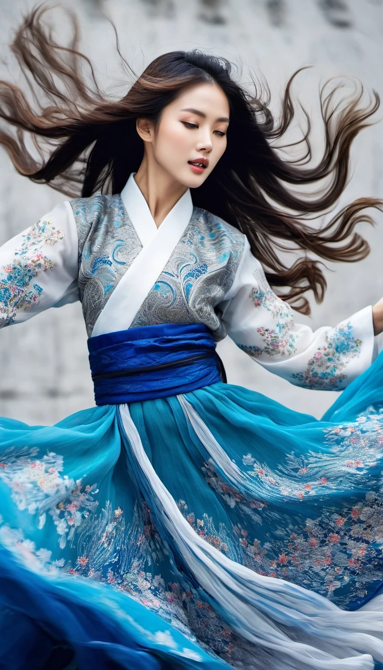 in style of Street photography, beautiful detailed，Abnormally stunning beautiful face，Motion blur, black and white close up, white background, a woman in an intricate and colorful hanbok dress, spinning frantically, translucent stinging air particles on the hem of the dress, professional fashion photography, super macro, unusually rich and super detailed texture of long wavy hair, poster style, minimalist , tilt shiStreet style, beautifully detailed, motion blur, black and white close-up, blue background, a woman in an intricate and colorful hanbok, spinning frantically, translucent tingling air particles on the hem of her dress, professional fashion photography, super macro, long wavy hair with unusually rich and super-detailed textures, poster style, minimalist, tilted movement of hands and face, Nikon, Hasselblad, Canon, Fuji, 16Kft of hands and face, Nikon, Hasselblad, Canon, Fuji, 16K
