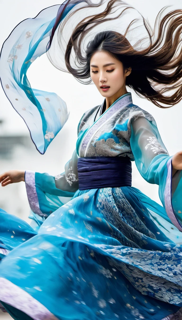 in style of Street photography, beautiful detailed,Abnormally stunning beautiful face,Motion blur, black and white close up, white background, a woman in an intricate and colorful hanbok dress, spinning frantically, translucent stinging air particles on the hem of the dress, professional fashion photography, super macro, unusually rich and super detailed texture of long wavy hair, poster style, minimalist , tilt shiStreet style, beautifully detailed, motion blur, black and white close-up, blue background, a woman in an intricate and colorful hanbok, spinning frantically, translucent tingling air particles on the hem of her dress, professional fashion photography, super macro, long wavy hair with unusually rich and super-detailed textures, poster style, minimalist, tilted movement of hands and face, Nikon, Hasselblad, Canon, Fuji, 16Kft of hands and face, Nikon, Hasselblad, Canon, Fuji, 16K