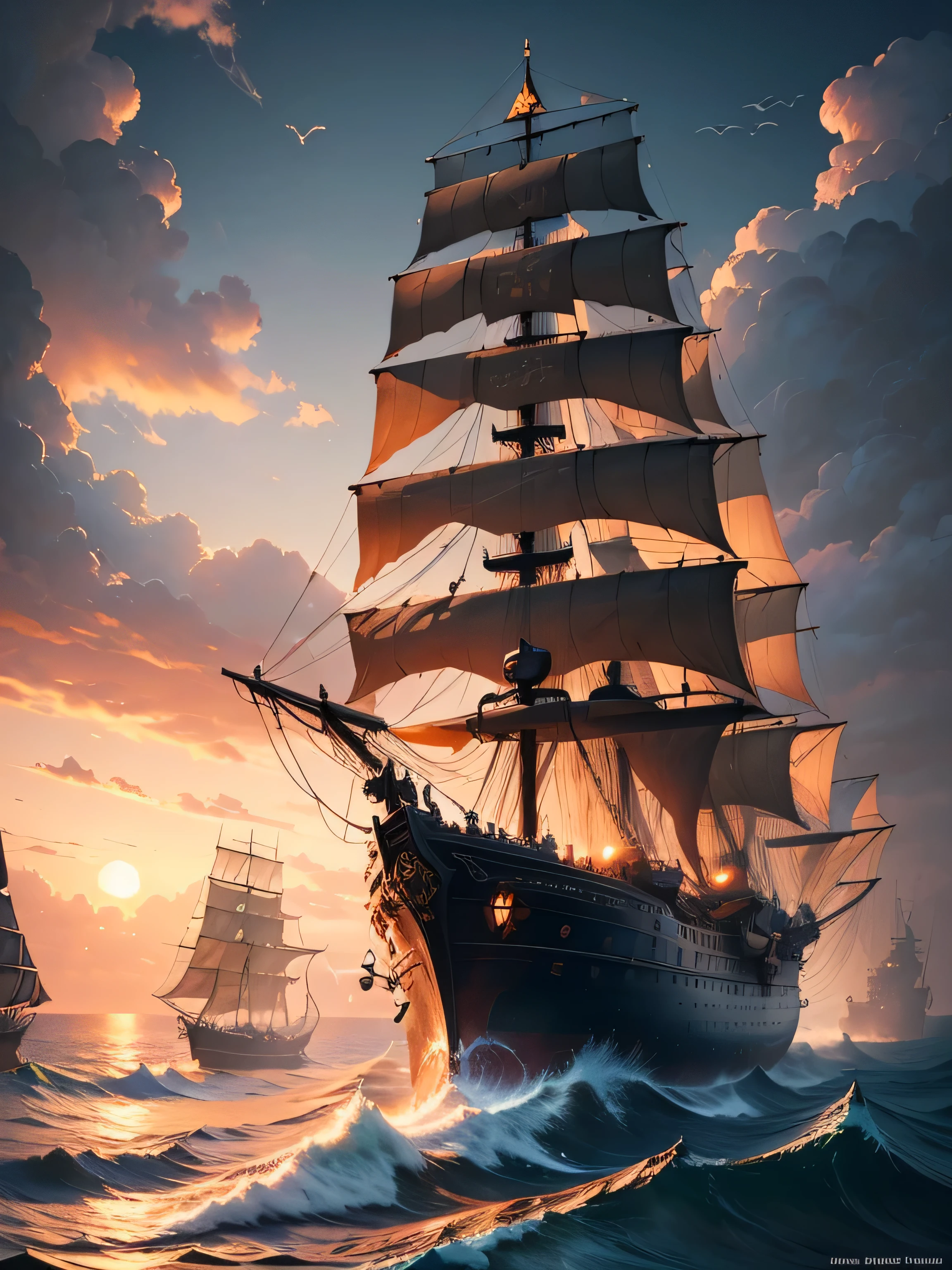 high quality、High resolution、masterpiece、Raw photo、Cinematic lighting、Detailed cover artwork、Awesome Wallpapers、Painting of a ship floating on the sea against the sunset background、Four-masted ship、Old pirate ship、Gothic sea ship、Highly detailed digital art、detailed paintings