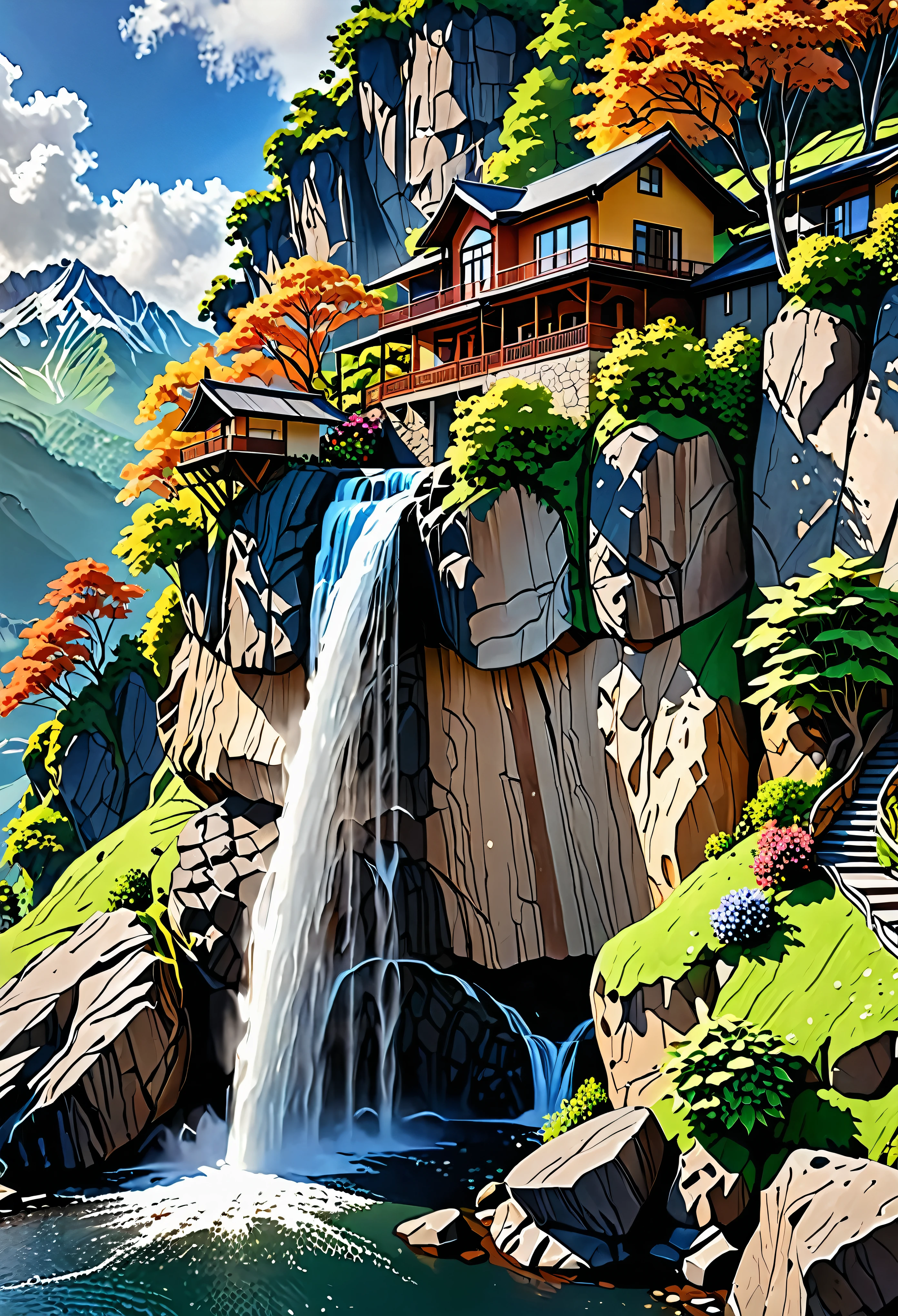 A breathtaking picture of a waterfall cascading down a mountain range.、A quaint house built on a vertical cliff、A big inspiration for vertical wallpapers。This 4K and 8K masterpiece、The crystal clear water of the waterfall flows gracefully down the mountain.、Because it creates a dramatic and aesthetically pleasing scene、Showcasing the intricate details of scenic backgrounds。Fine lines and textures are rendered accurately.、It has a matte finish that accentuates the realistic and immersive feel。The house is decorated in warm colors.、Decorated with beautiful gardens and chimney smoke gently wafting the cool mountain air.、Blends seamlessly into the environment