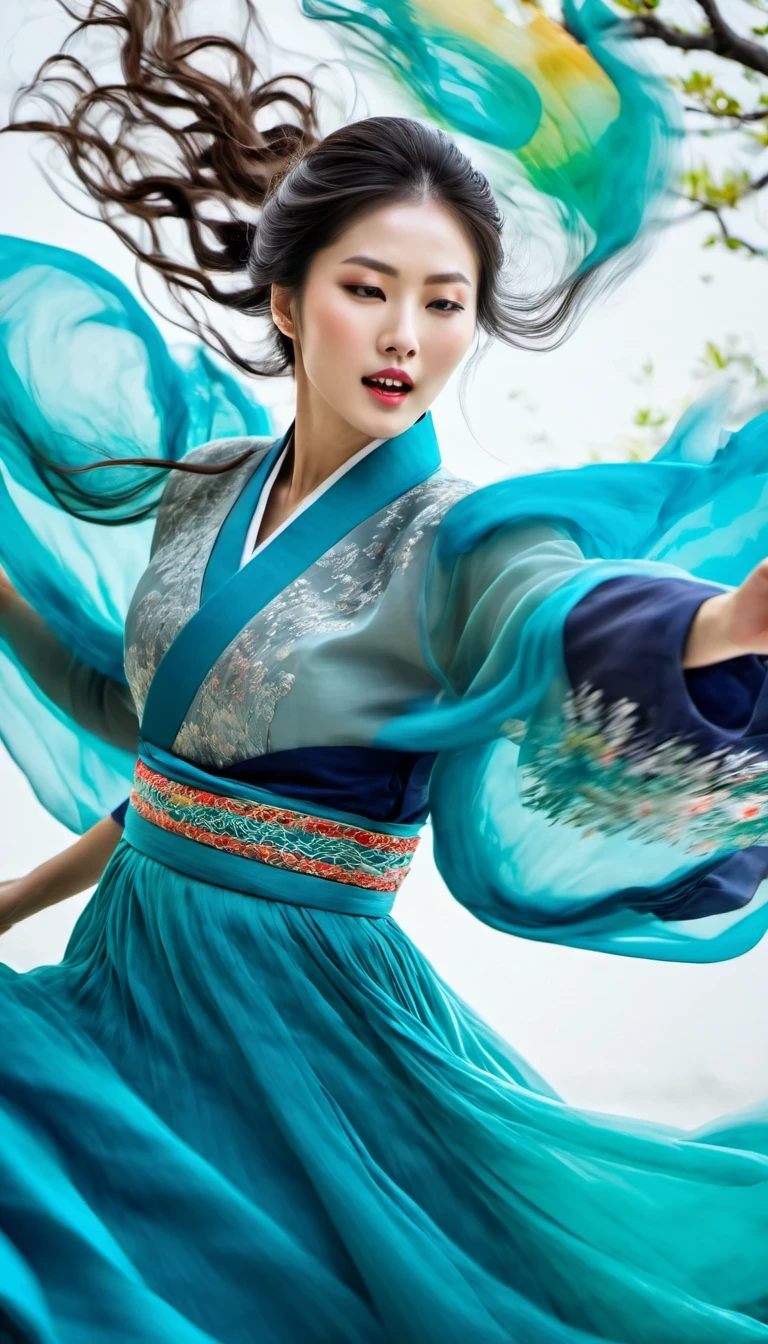 in style of Street photography, beautiful detailed，Abnormally stunning beautiful face，Motion blur, black and white close up, white background, a woman in an intricate and colorful hanbok dress, spinning frantically, translucent stinging air particles on the hem of the dress, professional fashion photography, super macro, unusually rich and super detailed texture of long wavy hair, poster style, minimalist , tilt shiStreet style, beautifully detailed, motion blur, black and white close-up, blue background, a woman in an intricate and colorful hanbok, spinning frantically, translucent tingling air particles on the hem of her dress, professional fashion photography, super macro, long wavy hair with unusually rich and super-detailed textures, poster style, minimalist, tilted movement of hands and face, Nikon, Hasselblad, Canon, Fuji, 16Kft of hands and face, Nikon, Hasselblad, Canon, Fuji, 16K
