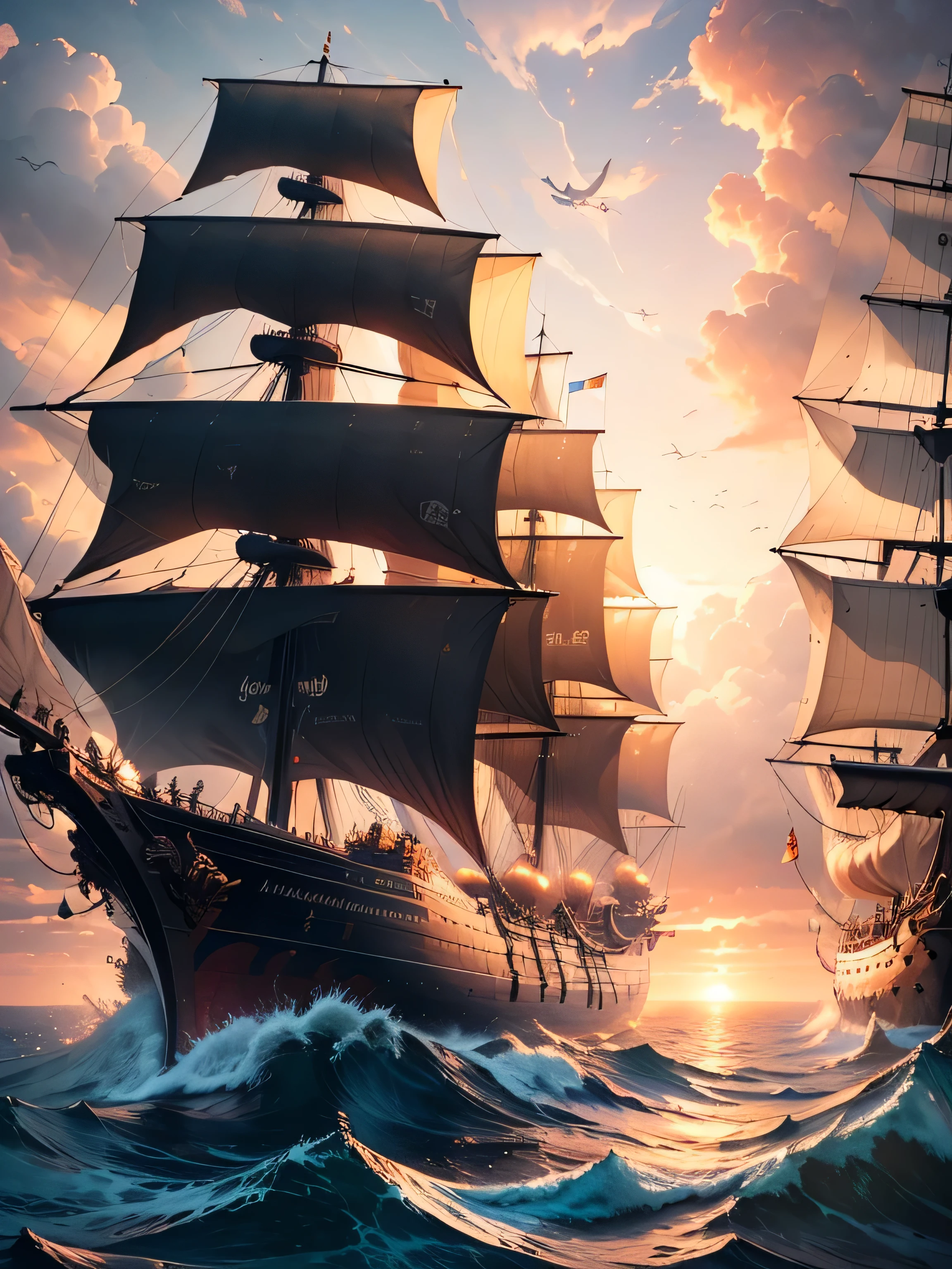 high quality、High resolution、masterpiece、Raw photo、Cinematic lighting、Detailed cover artwork、Awesome Wallpapers、Painting of a ship floating on the sea against the sunset background、Four-masted ship、Old pirate ship、Gothic sea ship、Highly detailed digital art、detailed paintings