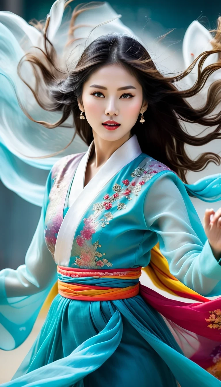 in style of Street photography, beautiful detailed，Abnormally stunning beautiful face，Motion blur, black and white close up, white background, a woman in an intricate and colorful hanbok dress, spinning frantically, translucent stinging air particles on the hem of the dress, professional fashion photography, super macro, unusually rich and super detailed texture of long wavy hair, poster style, minimalist , tilt shiStreet style, beautifully detailed, motion blur, black and white close-up, blue background, a woman in an intricate and colorful hanbok, spinning frantically, translucent tingling air particles on the hem of her dress, professional fashion photography, super macro, long wavy hair with unusually rich and super-detailed textures, poster style, minimalist, tilted movement of hands and face, Nikon, Hasselblad, Canon, Fuji, 16Kft of hands and face, Nikon, Hasselblad, Canon, Fuji, 16K
