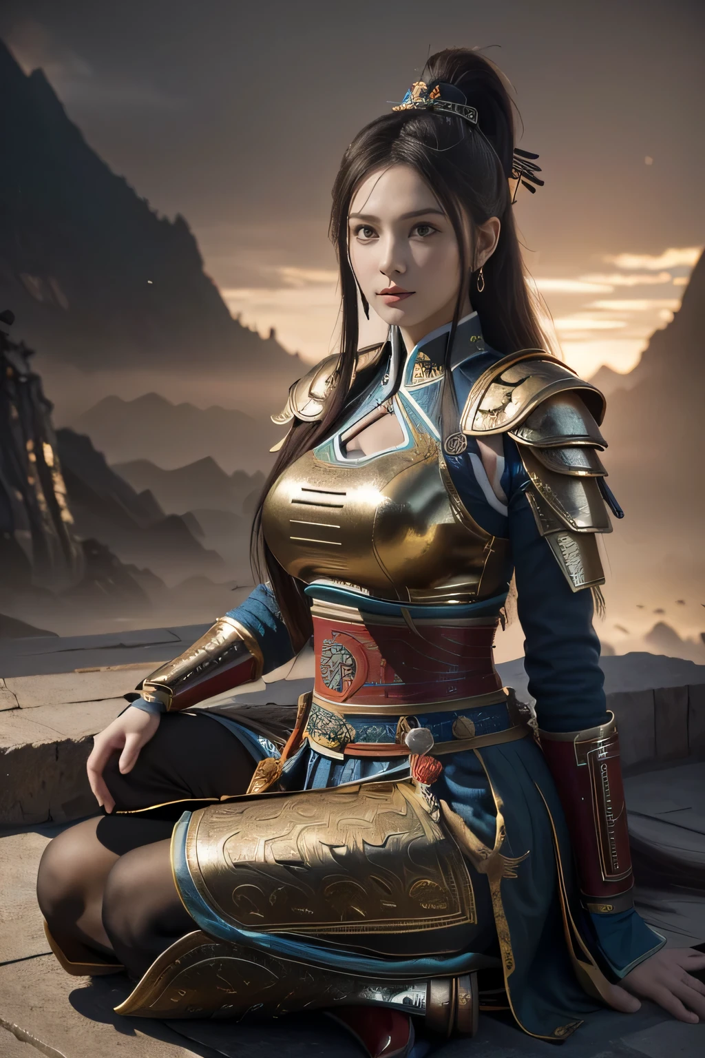 Game art，The best picture quality，Highest resolution，8K，(A bust photograph)，(Portrait)，(Full body)，(Rule of thirds)，Unreal Engine 5 rendering works， (The Girl of the Future)，(Female Warrior)， 
25 year old girl，(The generals of ancient China)，An eye rich in detail，(Big breasts)，Elegant and noble，indifferent，brave，
(Wearing ancient Chinese style armor，Armor of Ming Dynasty，Costumes are rich in detail，Metallic luster，Gold)，Chinese characters，fantasy style，
photo poses，wild background，Movie lights，Ray tracing，Game CG，((3D Unreal Engine))，OC rendering reflection pattern