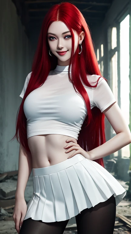 Ultra realistic, 16k, best quality, high resolution, 1 girl, 18 years old, long red hair, sexy eyes look, pale white skin, flushed cheeks, earrings, transparent shirt, sexy black latex skirt, big natural breasts, slender tall hot body, sexy smile, sensual posture, full-length sexy pantyhose, Battle ruins, wide hips, thick legs, torn clothes, blurred background, depth, dream aesthetic, dream atmosphere, cinematic lighting.