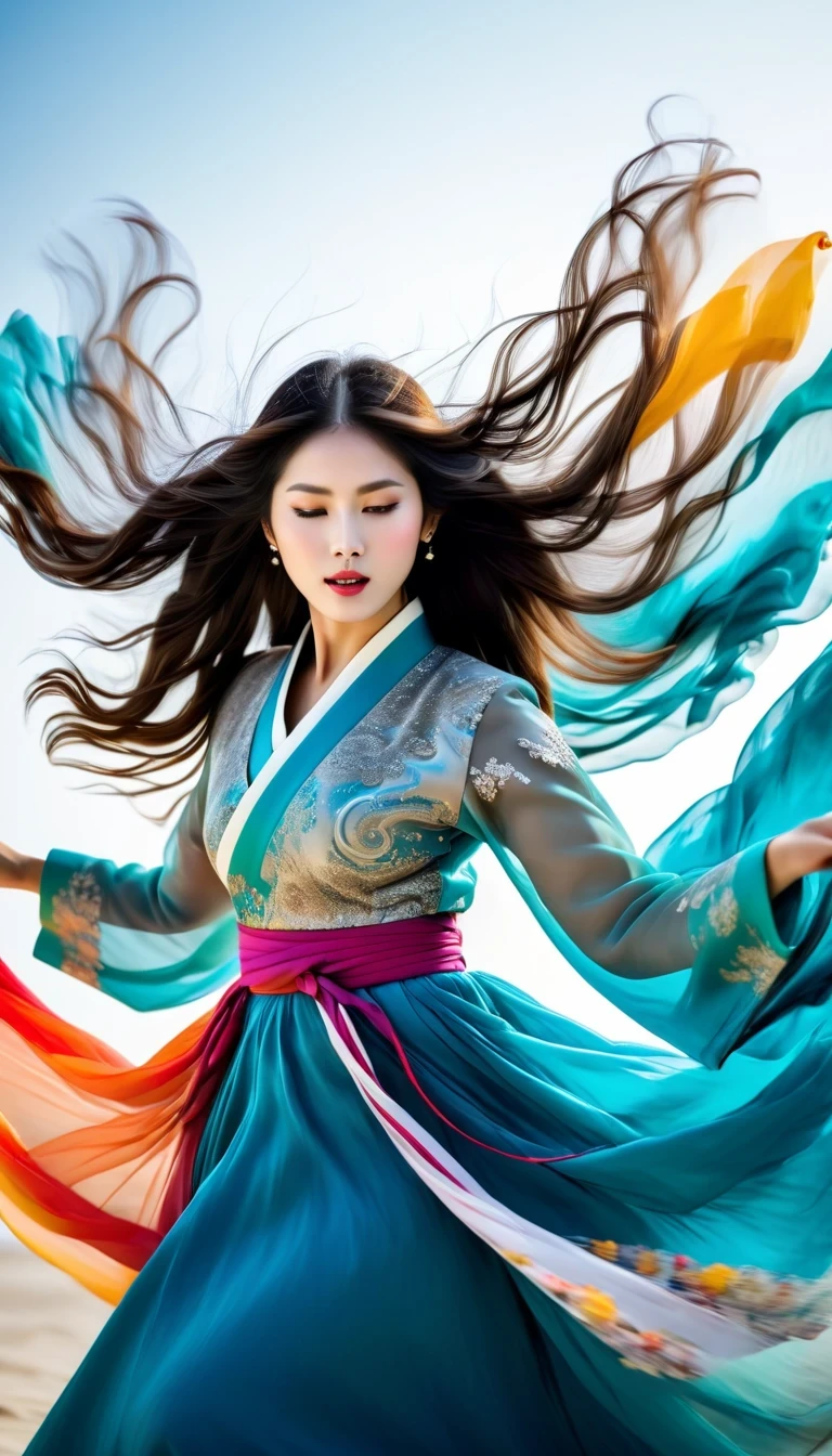 in style of Street photography, beautiful detailed，Abnormally stunning beautiful face，Motion blur, black and white close up, white background, a woman in an intricate and colorful hanbok dress, spinning frantically, translucent stinging air particles on the hem of the dress, professional fashion photography, super macro, unusually rich and super detailed texture of long wavy hair, poster style, minimalist , tilt shiStreet style, beautifully detailed, motion blur, black and white close-up, blue background, a woman in an intricate and colorful hanbok, spinning frantically, translucent tingling air particles on the hem of her dress, professional fashion photography, super macro, long wavy hair with unusually rich and super-detailed textures, poster style, minimalist, tilted movement of hands and face, Nikon, Hasselblad, Canon, Fuji, 16Kft of hands and face, Nikon, Hasselblad, Canon, Fuji, 16K
