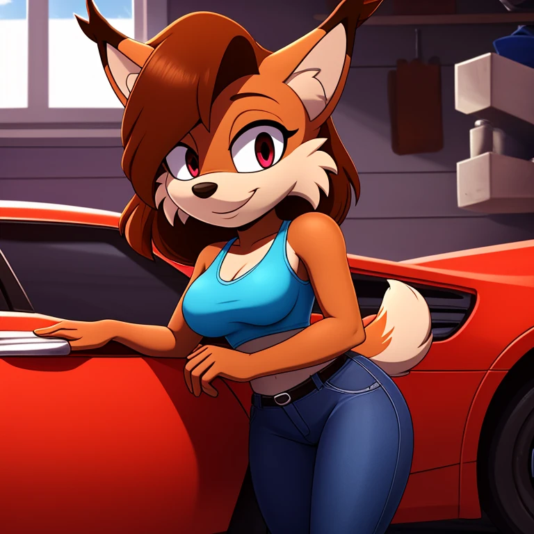((masterpiece)), studio quality, highly detailed, extreme detailed, high quality, max detailed, anime, masterpiece, soft lighting, very detailed, detailed background, HD, intricate details, highlights, detailed shadows, anime, mobian, 1girl, lynx, attractive, gorgeous body, medium breast, dark skin, red eyes, brown medium hair, red tank top, jeans, car repair shop, smile,