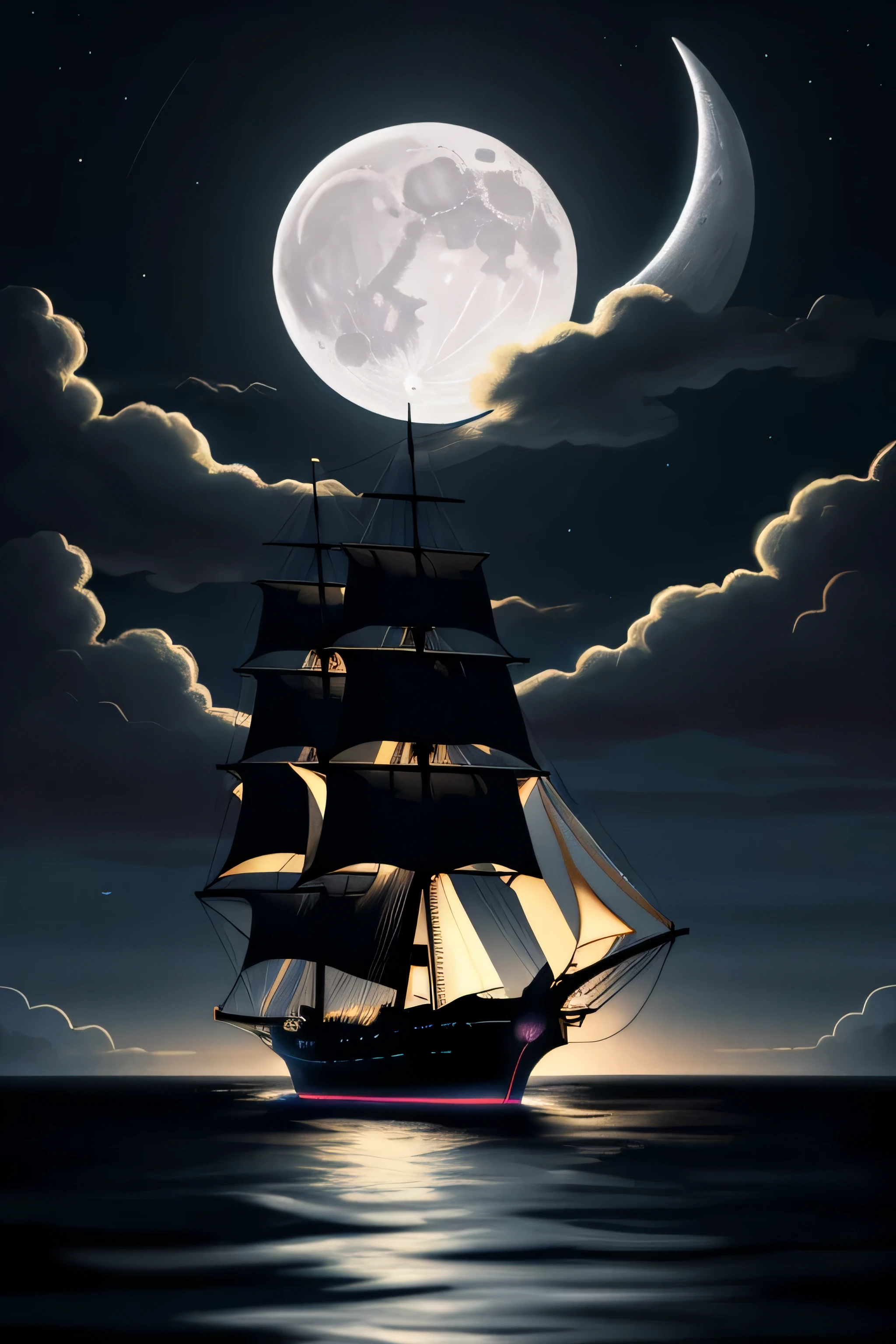 Neon Light Art, in the darkness of the night, a tall ship sails across moonlit seas, cloud, moon, performer, colorful, detailed, 4K、The ship is visible in the distance、