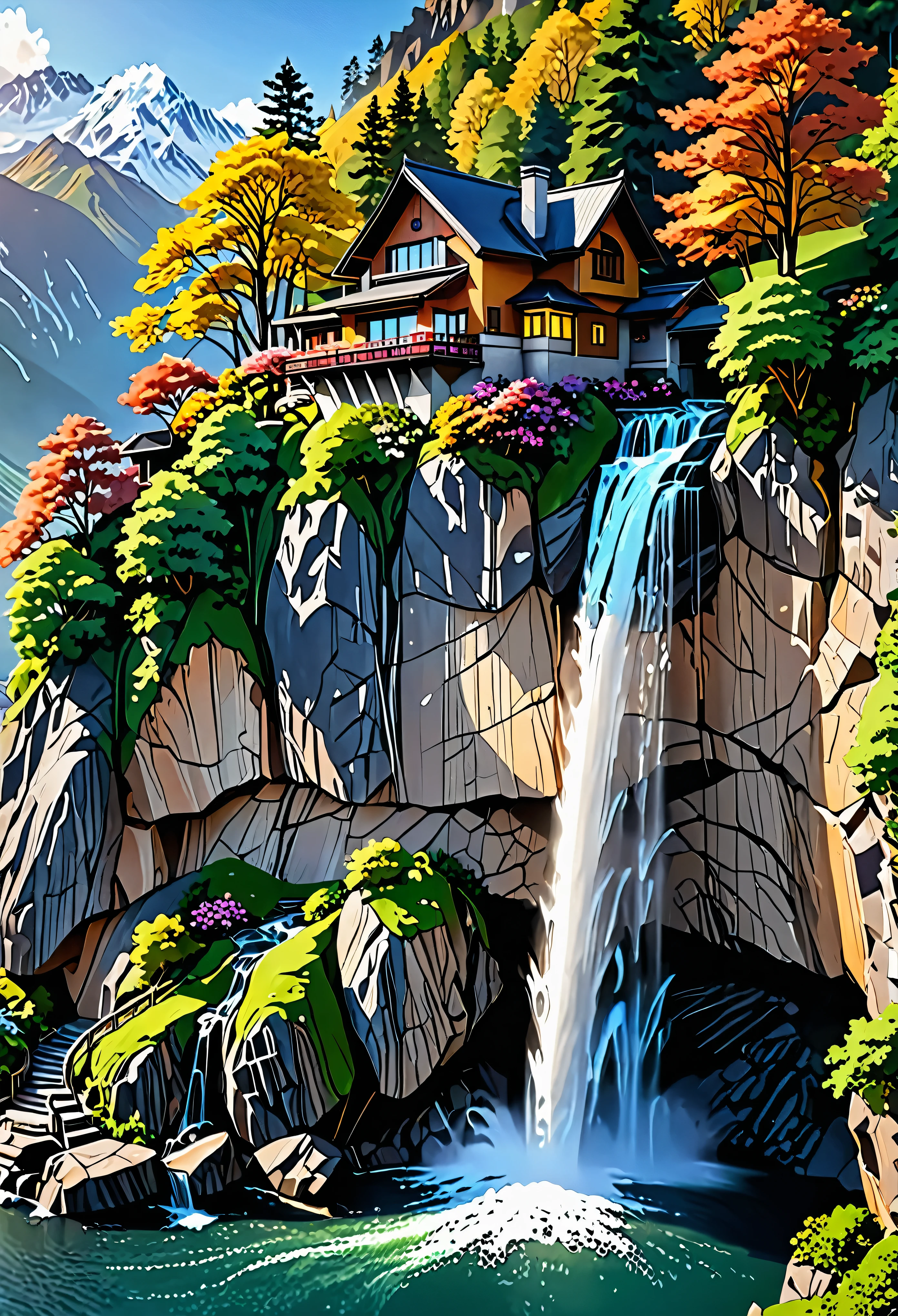 A breathtaking picture of a waterfall cascading down a mountain range.、A quaint house built on a vertical cliff、A big inspiration for vertical wallpapers。This 4K and 8K masterpiece、The crystal clear water of the waterfall flows gracefully down the mountain.、Because it creates a dramatic and aesthetically pleasing scene、Showcasing the intricate details of scenic backgrounds。Fine lines and textures are rendered accurately.、It has a matte finish that accentuates the realistic and immersive feel。The house is decorated in warm colors.、Decorated with beautiful gardens and chimney smoke gently wafting the cool mountain air.、Blends seamlessly into the environment