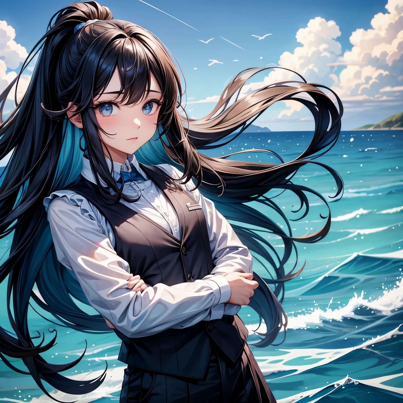a young man with long Black Hair and a vest on standing in front of the ocean with a blue sky空, (1 Girl:0.955), (Bangs:0.575), (black eyes:0.572), (Black Hair:0.709), (blue sky空:0.985), (Shut up:0.536), (cloud:0.927), (sky:0.980), (horizon:0.816), (Japanese clothes:0.511), (Lips:0.7), (Long hair:0.775), (Looking at the audience:0.811), (nose:0.534), (ocean:0.950), (outdoor:0.734), (Practical:0.814), (sky空:0.988), (Solitary:0.937), (Upper Body:0.557), (water:0.600)
