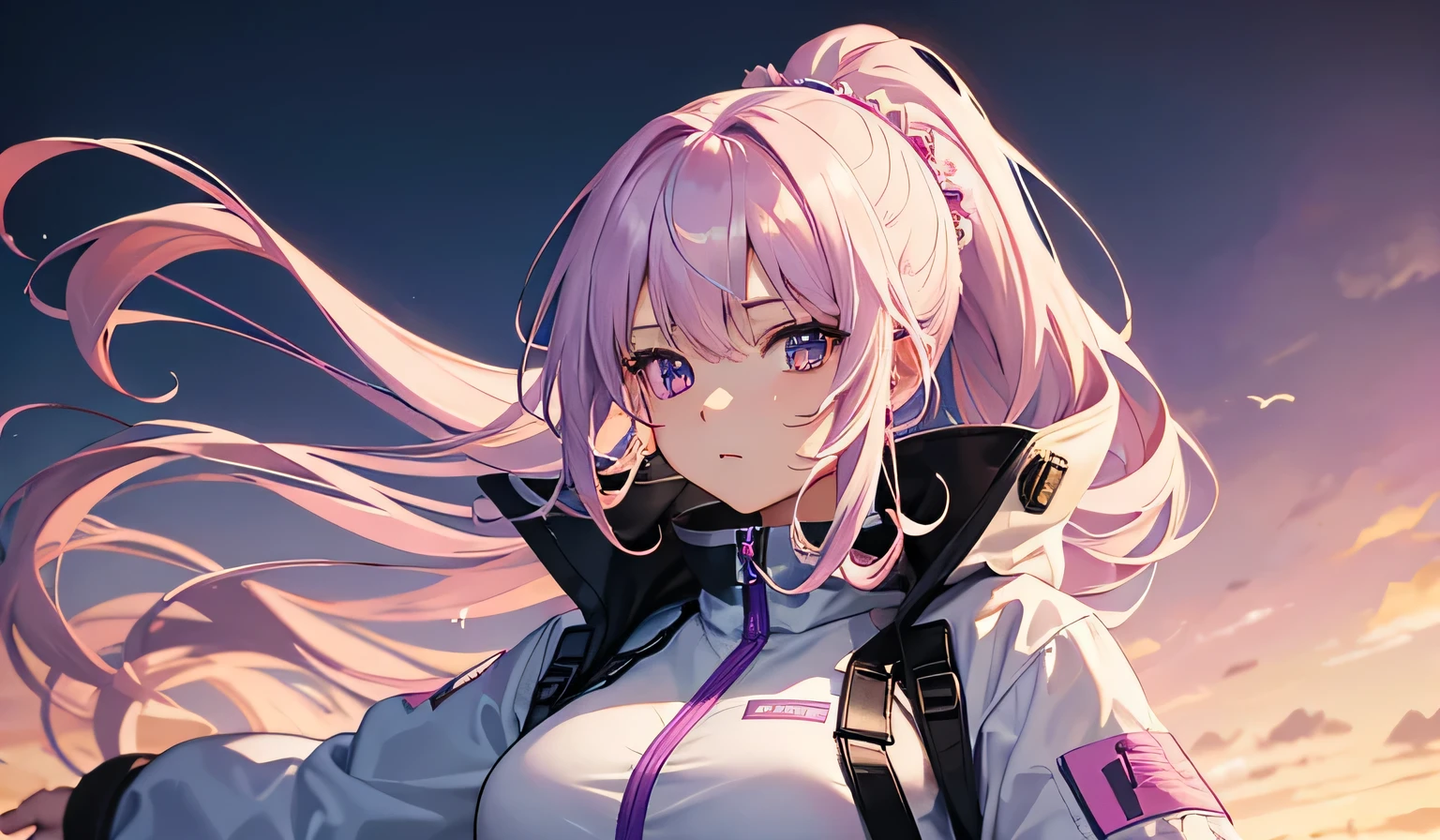 masterpiece, Best image quality, Extremely vivid, Anime girl with curly ponytail, digit,Pink functional coat, small, Blue-purple gradient thin-framed eyes, cyberpunk, white hair, Natural casual style, dynamic posture, golden section, Large aperture portrait, Cool colors, Strong visual impact, blank, Light and shadow contrast, Super texture, Super detailed textures, sunset, Super clear pictures, medium long shot, pure white background, simple pictures