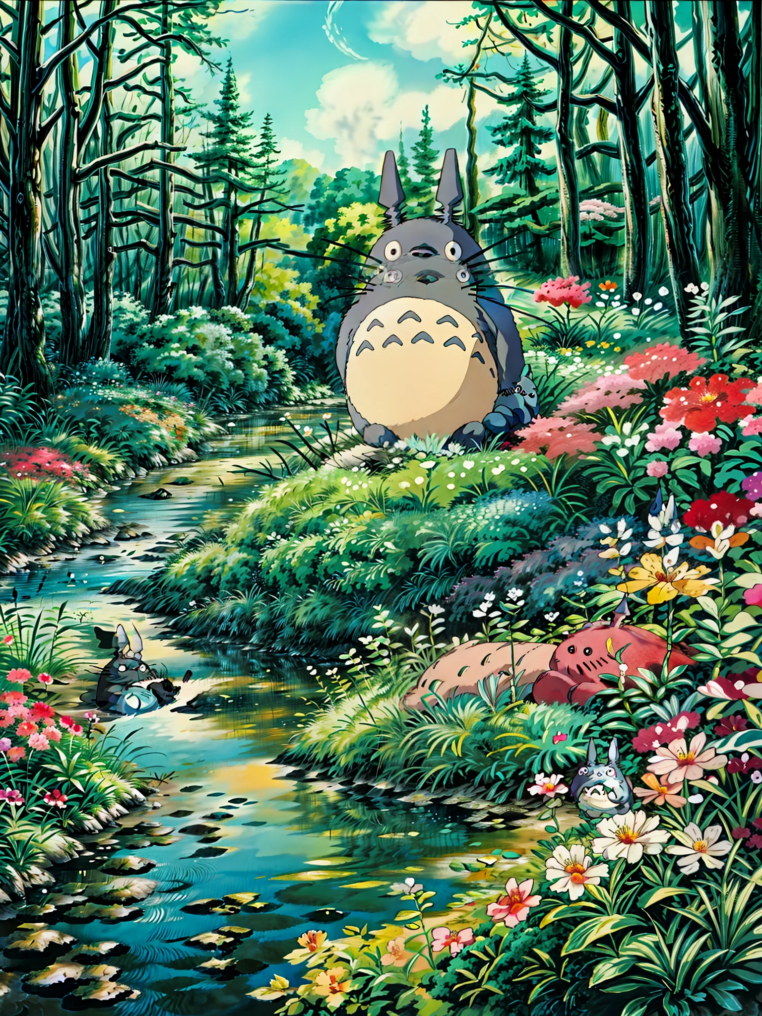 a painting of a totoro sitting near the river, flowers, multicolored flowers, my neighbor totoro, totoro from my neighbor totoro, hayao miyazaki\'s movies, onstudio ghibli, ghibli studio style, of totoro, style of studio ghibli, moody :: studio ghibli, totoro sitting in a forest, studio ghibli filter, totoro, cinematic studio ghibli still