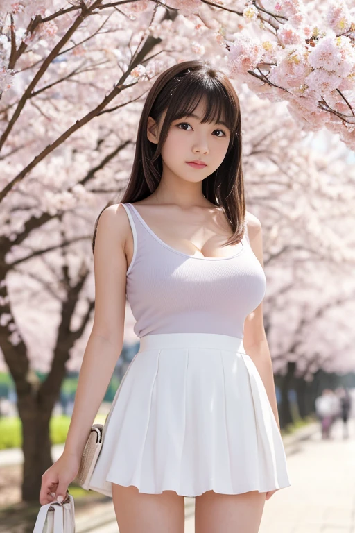 Beautiful chinese woman in a white skirt，Under the cherry blossom trees，Full of cherry blossom petals flying，Bigboobs，the girl's hair and skirt seem to be waving in the very strong wind