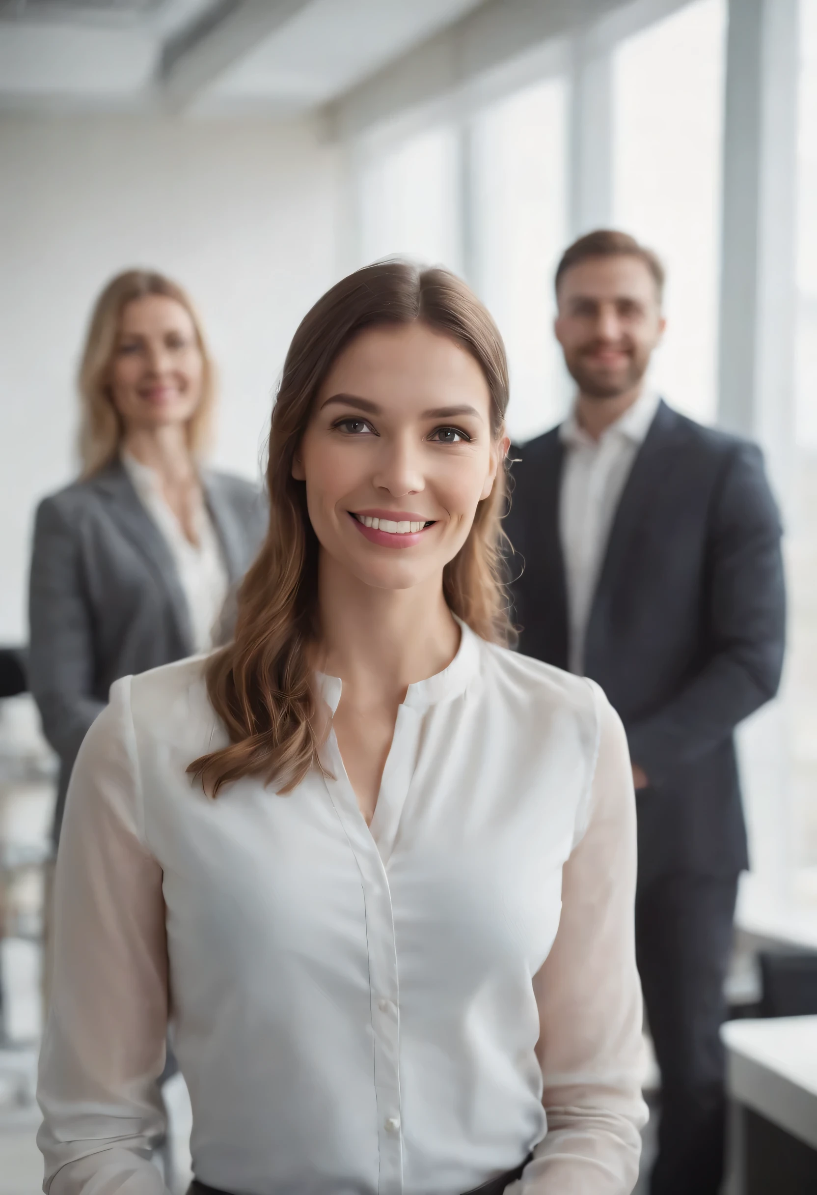 "Portrait of a dynamic group of colleagues in a modern office space, exuding professionalism and teamwork with genuine smiles."