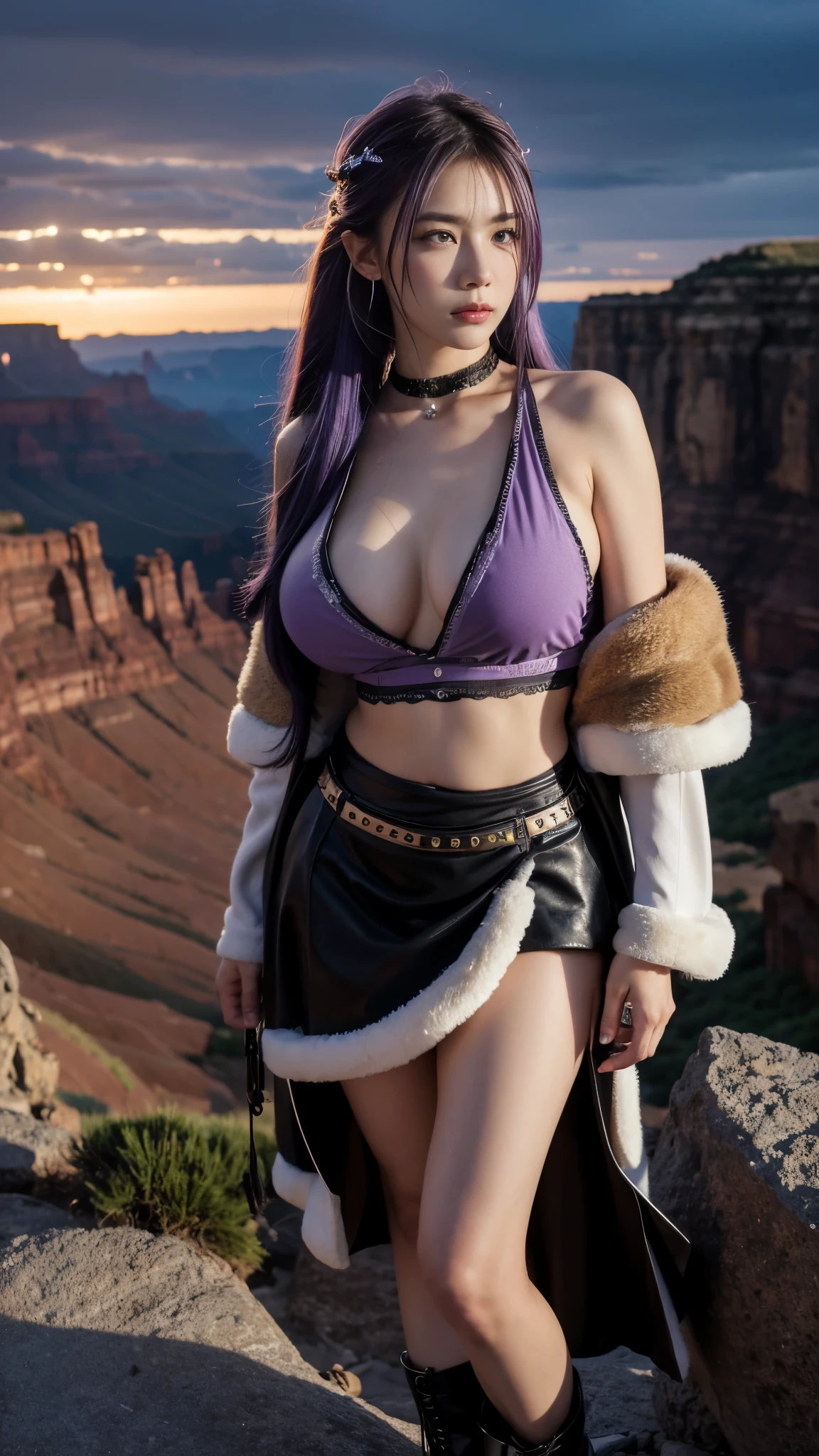 Works of masters，Higher quality，high detal，ultra high resolution，8K resolution，depth of fields，first person perspective，solo person，femele，sheik，thick eyebrow，expressiveless，Purple hair big breasts，long whitr hair，hoop earings，bangle，ear studs，choker necklace，Iron thorns，Leather skirt，fur shawl，Combat boots，Facing the viewer，eventide，The cloudy，meteor shower，plateau，canyons，Cinematic lighting，volumettic light，Dusk Law，Brilliant Sunshine Law