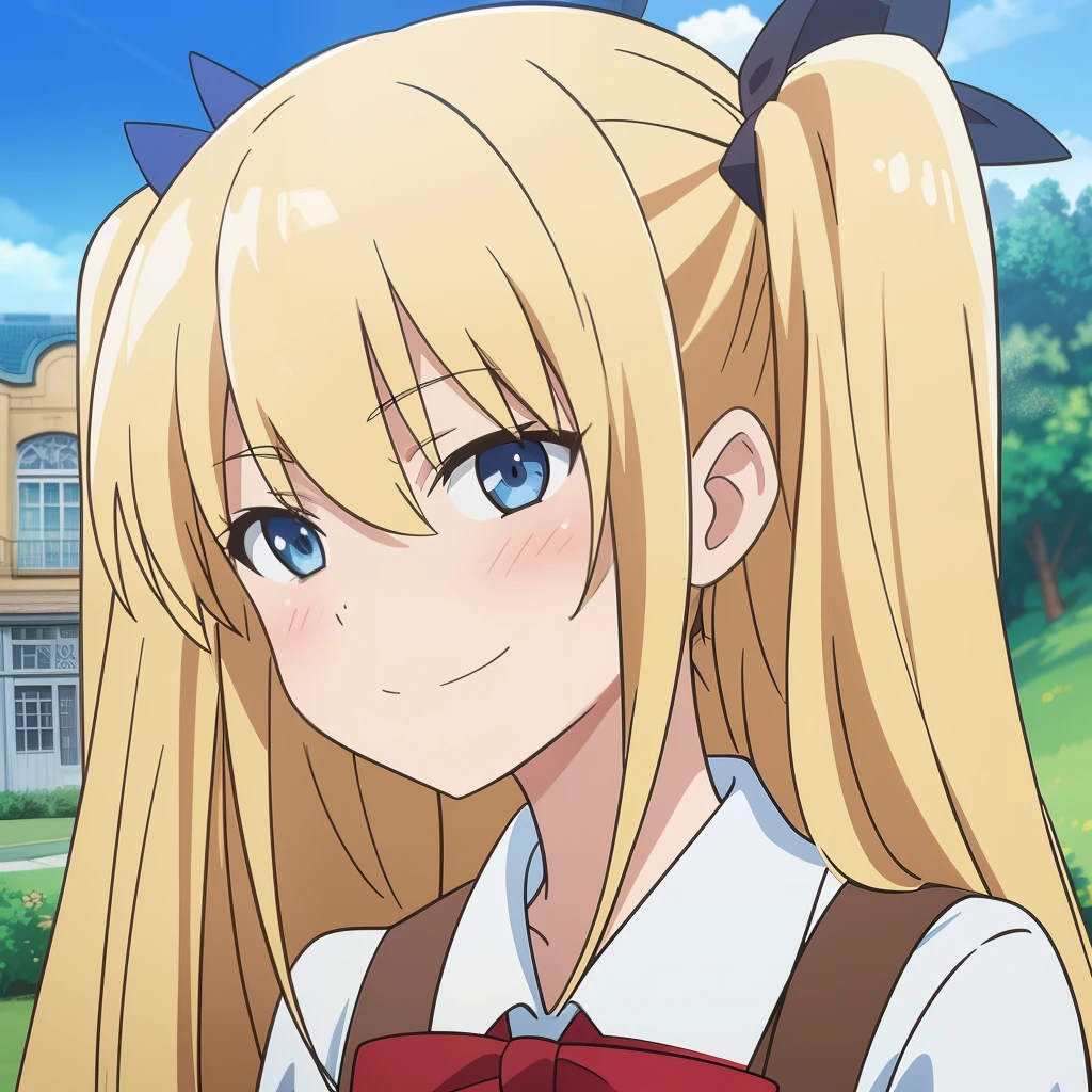 high quality, masterpiece. girl. hair two ponytails. Blue eyes. grin. White Grunt. Brown vest. red bow. against the backdrop of the estate.