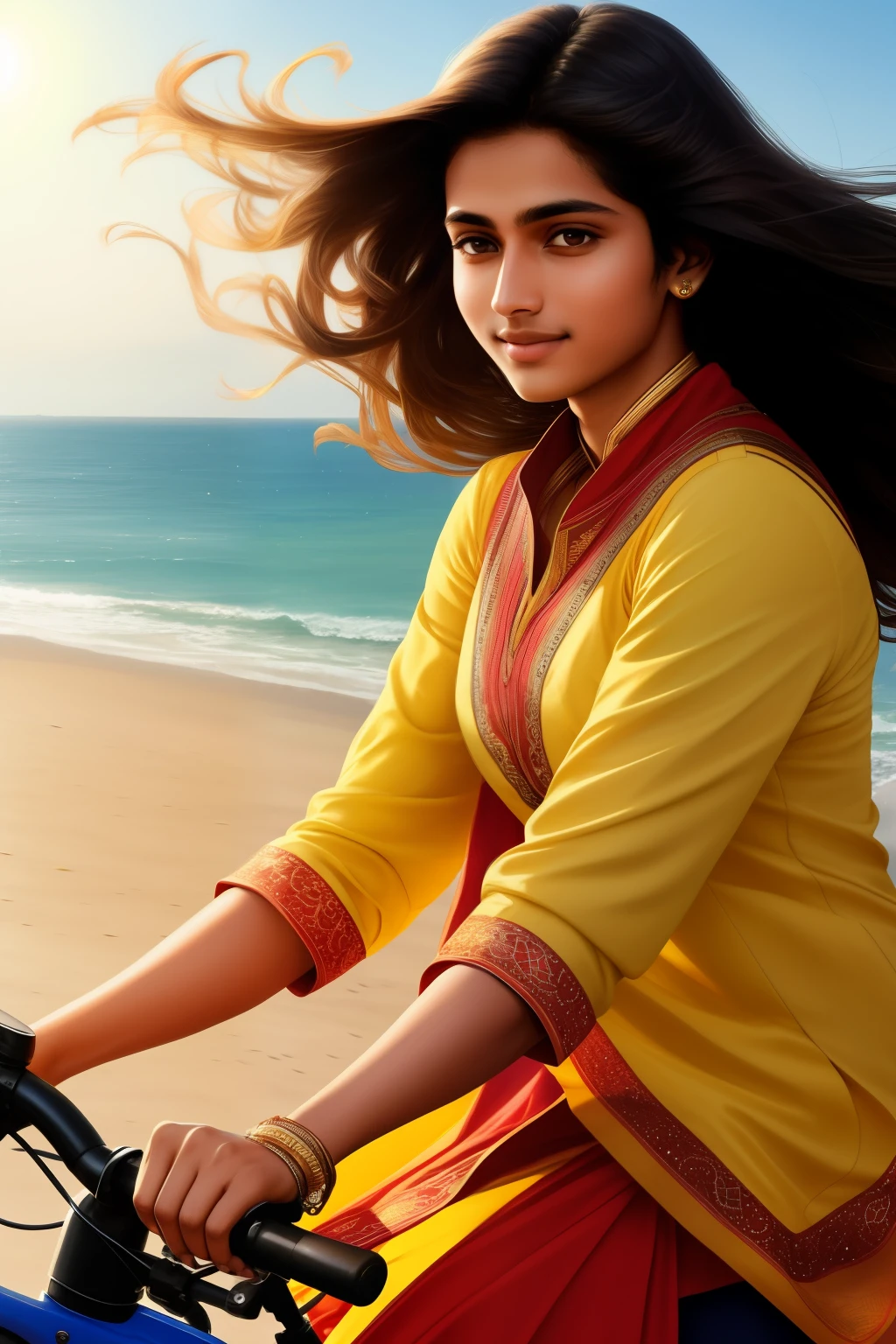 In the radiant sunlight, a 22-year-old Indian boy named Hero confidently rides his cycle, the wheels spinning effortlessly beneath him. The pant he wears is fitting and the kurta draped over it bears the name "Hero" in bold letters, adding to his charisma. His girlfriend, a captivating figure, beams with joy while seated behind him, her hands clutching the handlebars and her eyes filled with admiration. This Ultra HD realistic art image exquisitely captures the moment, the sunshine casting a golden glow around them, the slight wind playing with Hero's wavy hair, and the intricate patterns on the girl's traditional attire
